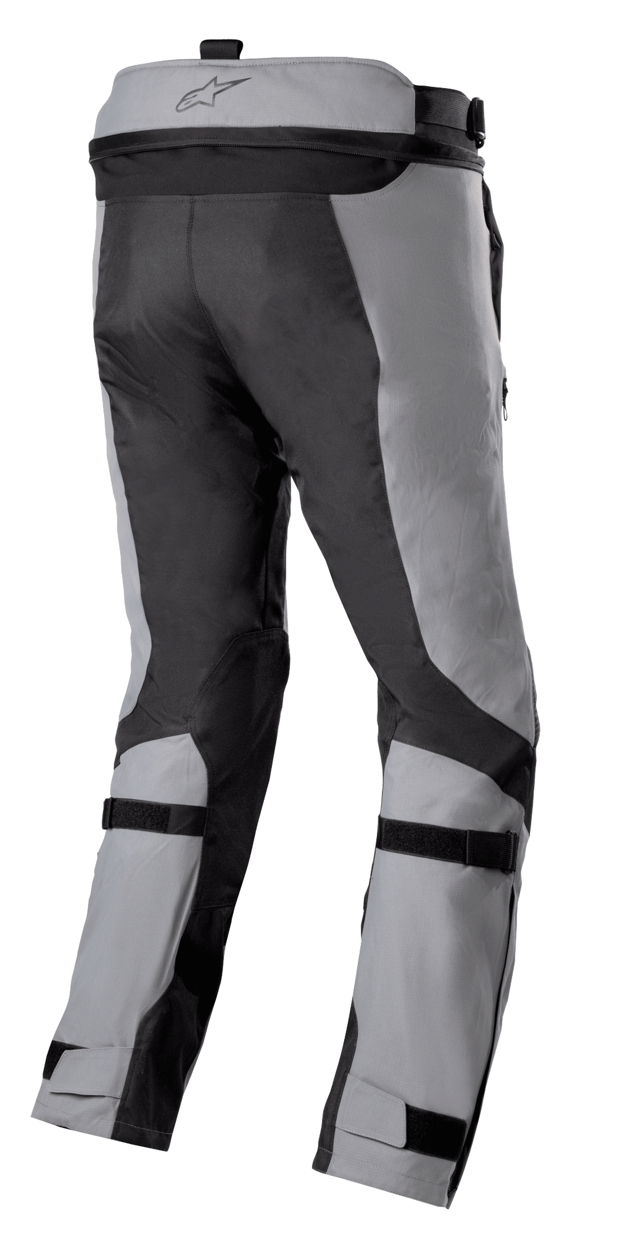 Pantalon Alpinestars Bogotá Pro Drystar® 3 Saisons, pantalon de moto Adventure Touring, gris foncé et gris clair, vue arrière avec sangles de réglage aux mollets et aux chevilles, fermeture éclair de raccordement à la taille et panneaux textiles en ripstop résistant.