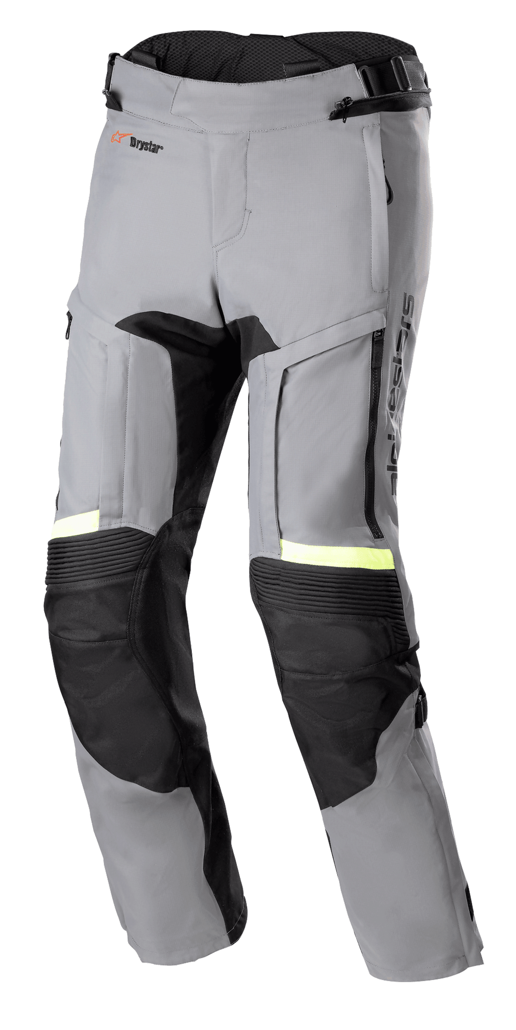 Alpinestars Bogota' Pro Drystar® 3 Seasons Pants, pantalon de moto aventure touring gris foncé et noir, accents réfléchissants jaune fluo, panneaux de ventilation zippés sur les cuisses, genoux extensibles en accordéon et panneaux de protection renforcés.