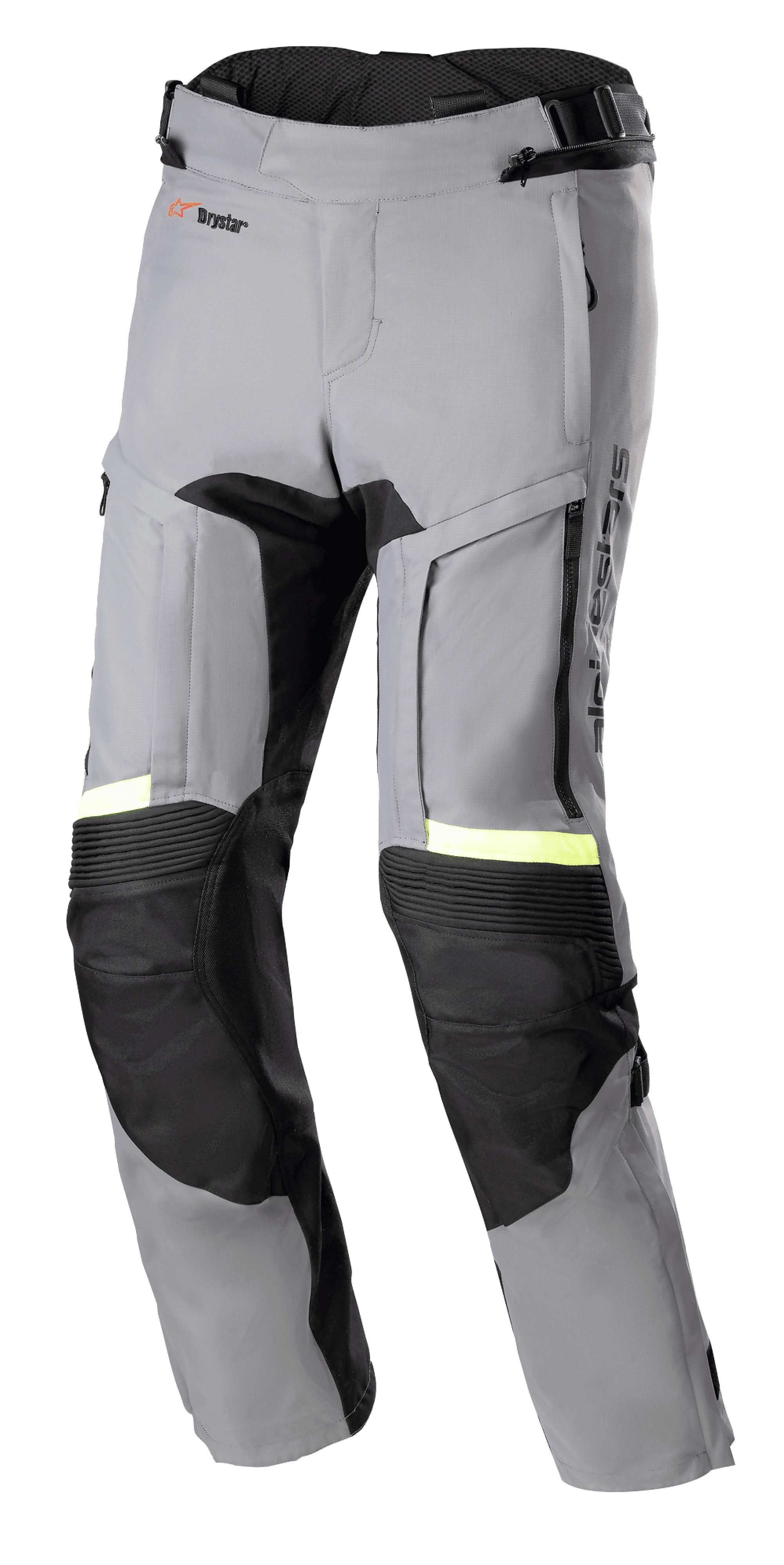 Alpinestars Bogota' Pro Drystar® 3 Seasons Pants, pantalon de moto aventure touring gris foncé et noir, accents réfléchissants jaune fluo, panneaux de ventilation zippés sur les cuisses, genoux extensibles en accordéon et panneaux de protection renforcés.