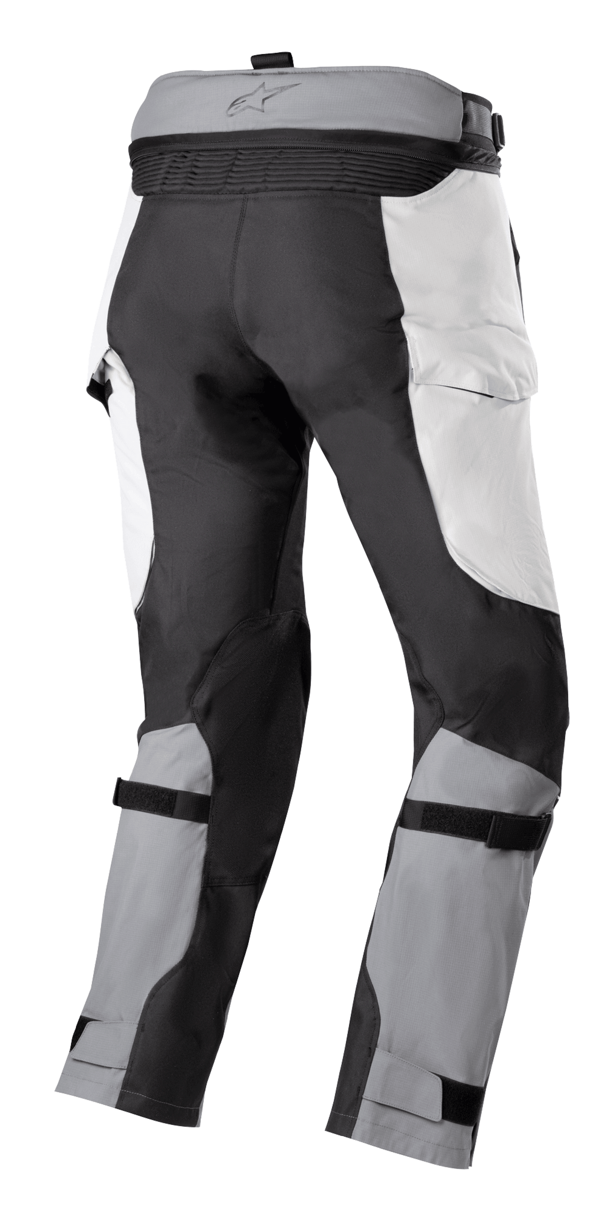 Pantalon Alpinestars Bogota' Pro Drystar® 4 Seasons, pantalon de touring aventure, gris glace et gris foncé, vue arrière avec fermeture éclair de raccordement à la taille, panneaux de style cargo et sangles de mollet réglables pour un ajustement sûr.