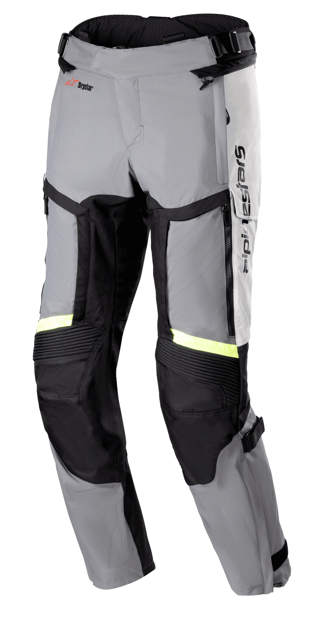 Alpinestars Bogota Pro Drystar 4 Seasons Pants, Regular fit motorcycle touring pants, Ice Gray and Dark Gray with Yellow Fluo reflective strips, featuring large thigh ventilation panels, accordion stretch on knees, and adjustable waist straps, adventure riding gear