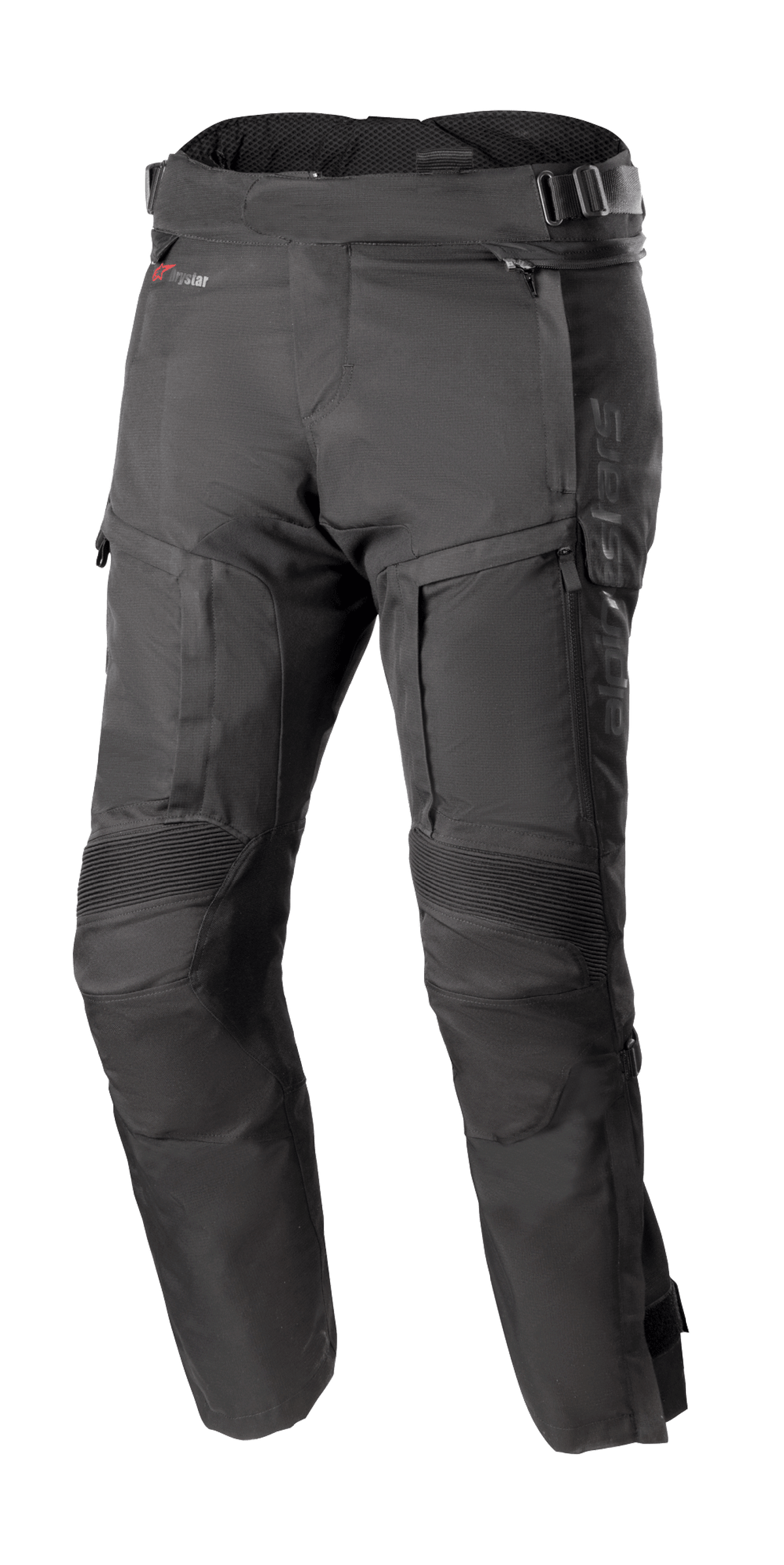 Alpinestars Bogota Pro Drystar 4 Seasons Pants Short, pantalon de moto noir toutes saisons, version courte, avec renforts genoux texturés, sangles de taille ajustables, poches zippées, construction robuste et durable, finition texturée, logo sur la cuisse
