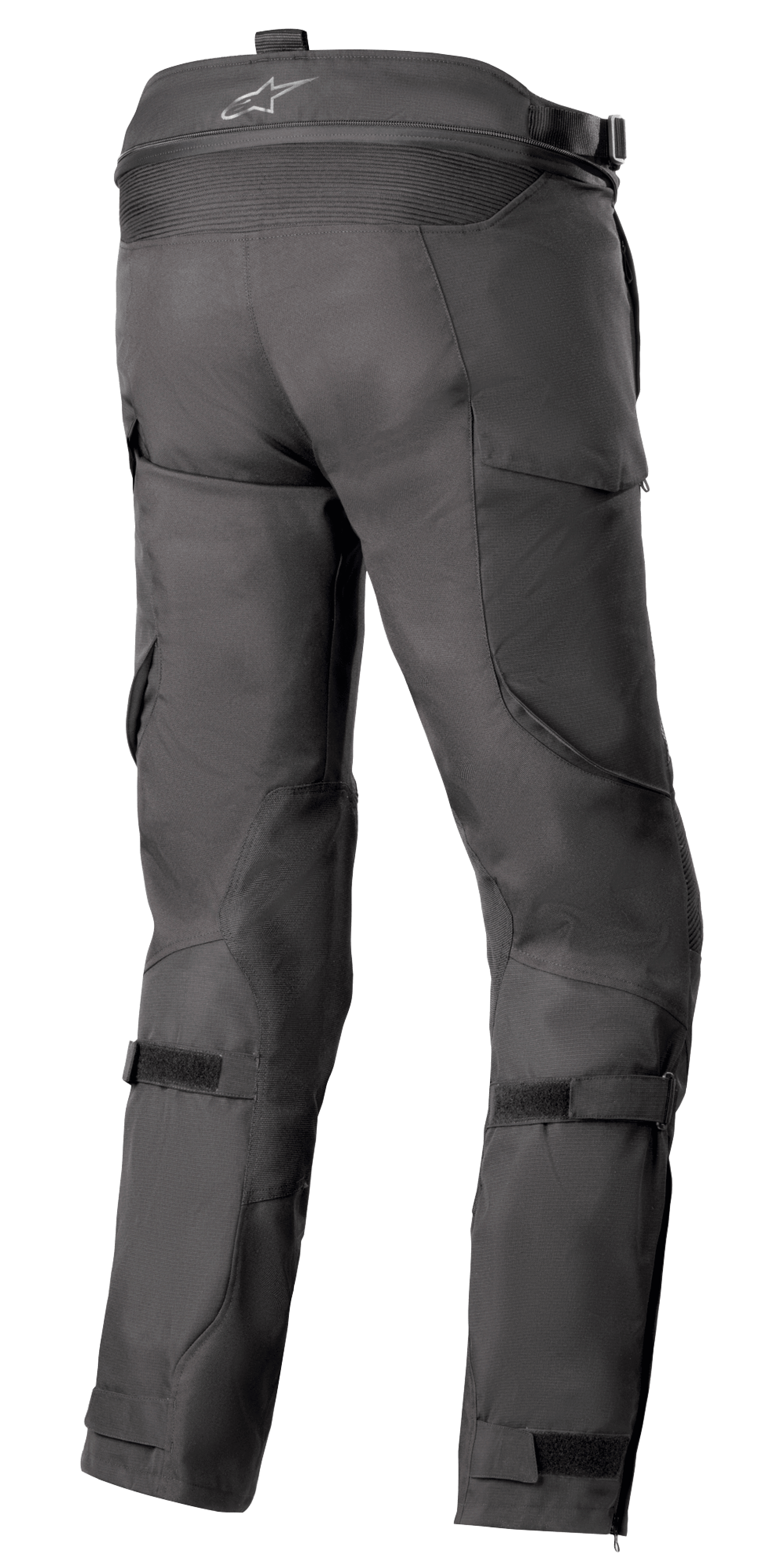 Pantalon Alpinestars Bogotá Pro Drystar® 4 Saisons - Long, pantalon de moto en textile noir, vue arrière mettant en évidence les sangles de réglage à la taille et aux mollets, coupe ergonomique pour la conduite d'aventure