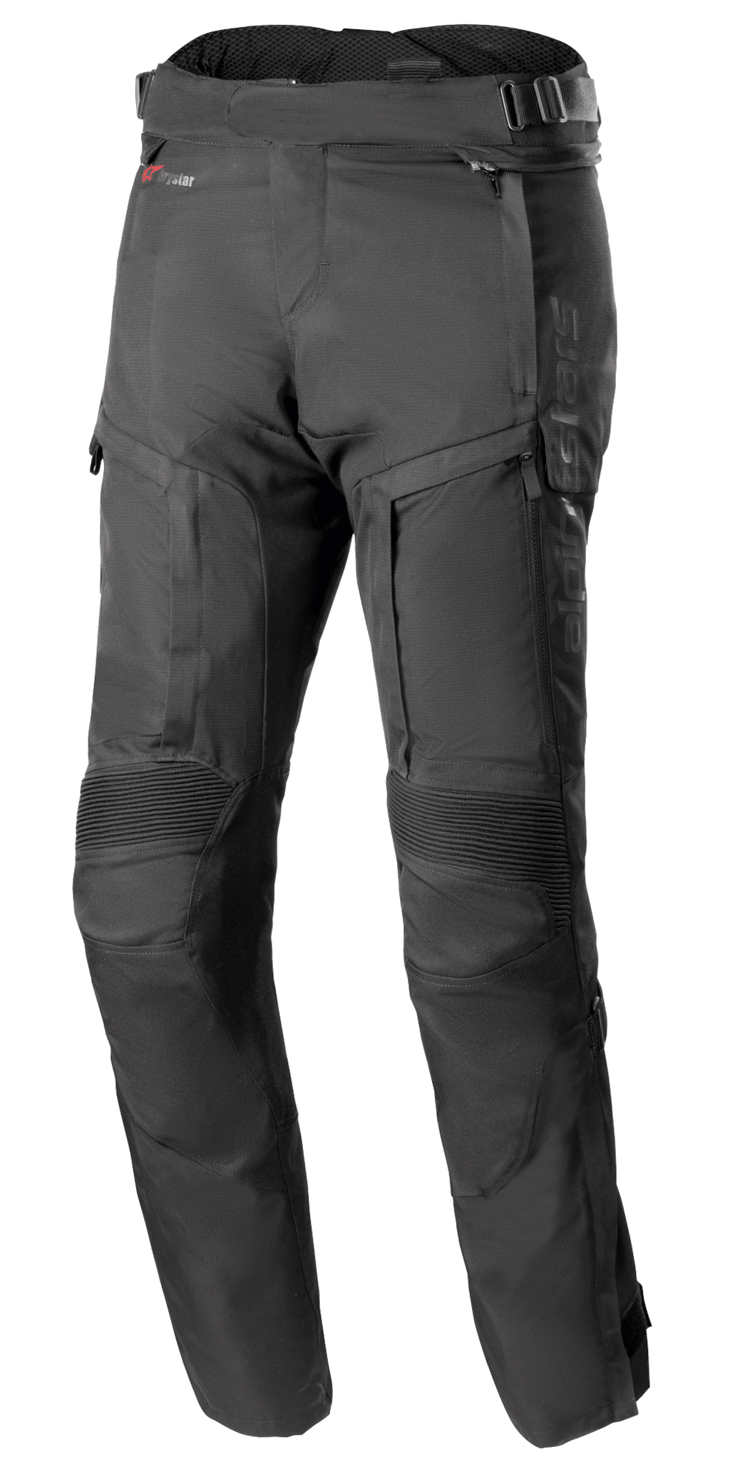 Alpinestars Bogota Pro Drystar 4 Seasons Pants - Long, pantalon de moto touring aventure noir, doté de panneaux extensibles nervurés aux genoux, de ventilations zippées sur les cuisses, de sangles de réglage à la taille avec boucles et d'une construction en textile technique durable pour une protection par tous les temps.