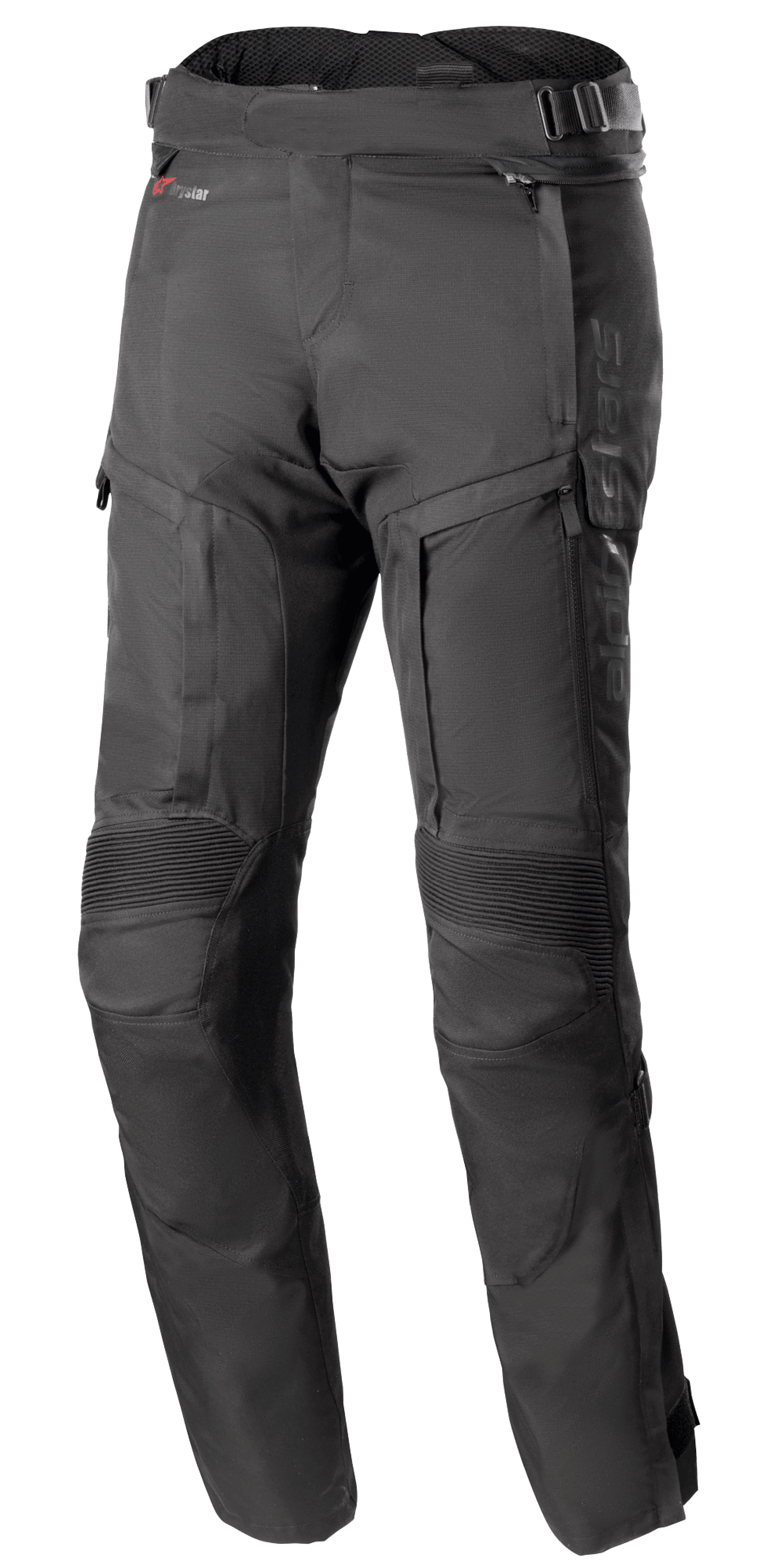 Alpinestars Bogota Pro Drystar 4 Seasons Pants - Long, pantalon de moto touring aventure noir, doté de panneaux extensibles nervurés aux genoux, de ventilations zippées sur les cuisses, de sangles de réglage à la taille avec boucles et d'une construction en textile technique durable pour une protection par tous les temps.