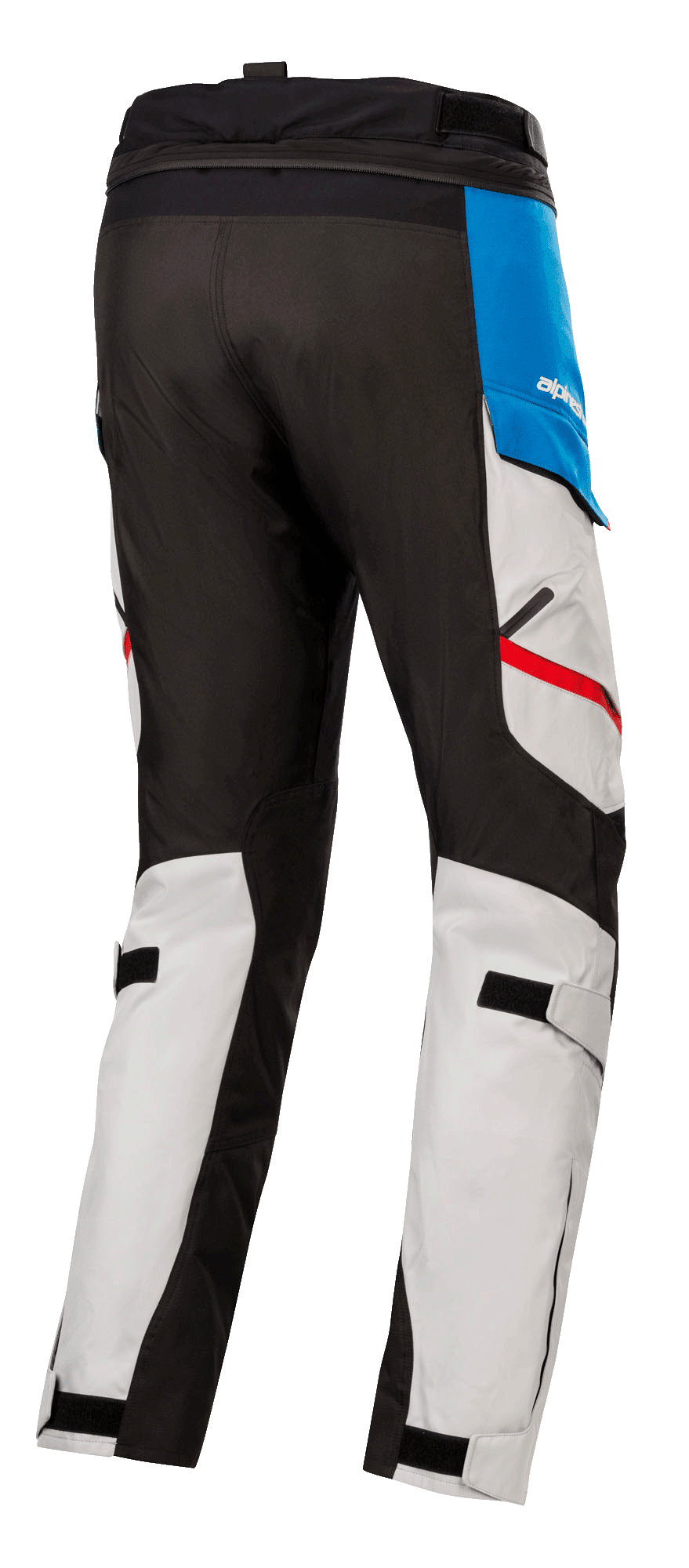 Pantalon Alpinestars Honda Andes V3 Drystar®, pantalon de moto en textile, gris glacier avec accents bleus et rouge vif, vue arrière montrant des empiècements renforcés noirs, des sangles de mollet réglables et une fermeture éclair de connexion à la taille.