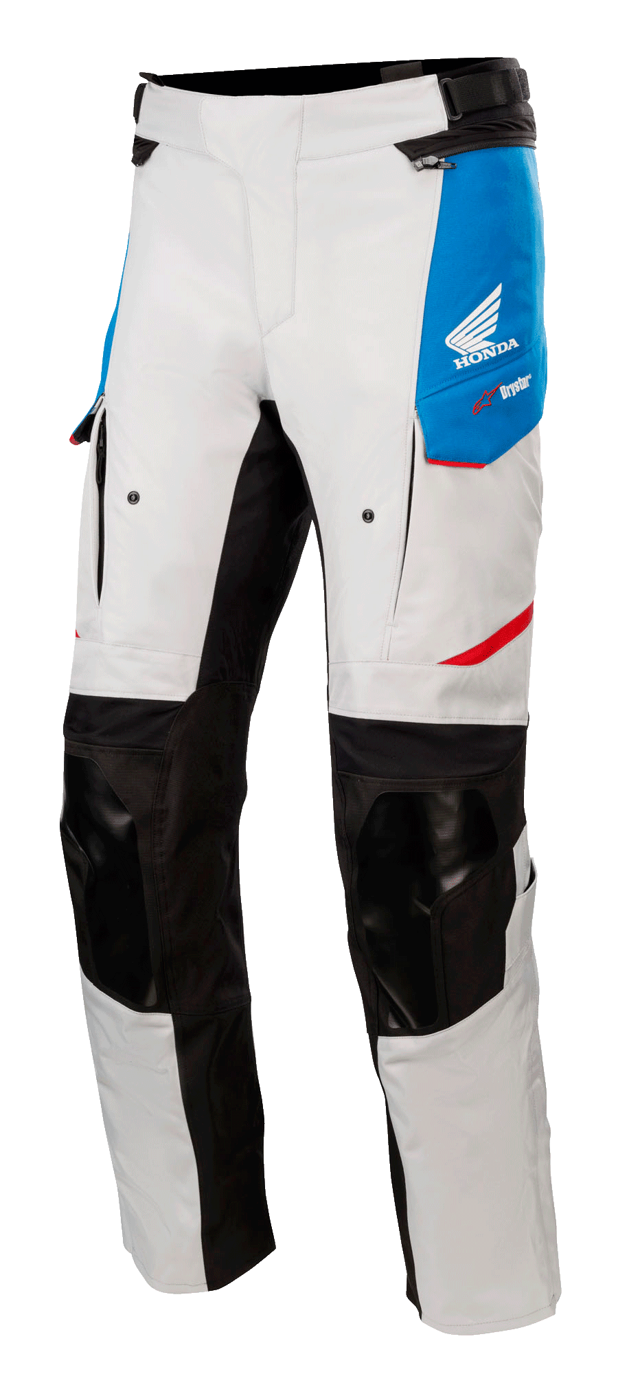 Alpinestars Honda Andes V3 Drystar®, pantalon de moto touring, gris glace avec panneaux bleus et accents rouge vif, genoux et panneaux intérieurs de jambe renforcés noirs, ports de ventilation zippés sur les cuisses, logo Honda wing, équipement d'aventure imperméable