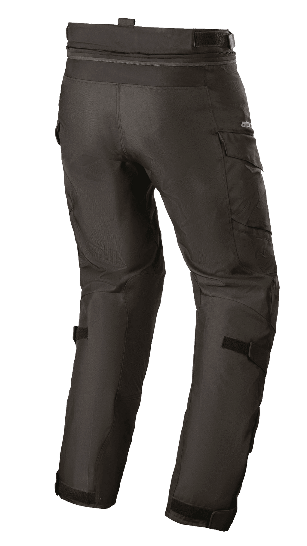 Pantalon Alpinestars Andes V3 Drystar®, pantalon de moto aventure touring, noir, vue arrière, avec poches cargo, sangles de réglage à la taille et aux genoux, fermeture éclair de connexion pour vestes, construction textile durable