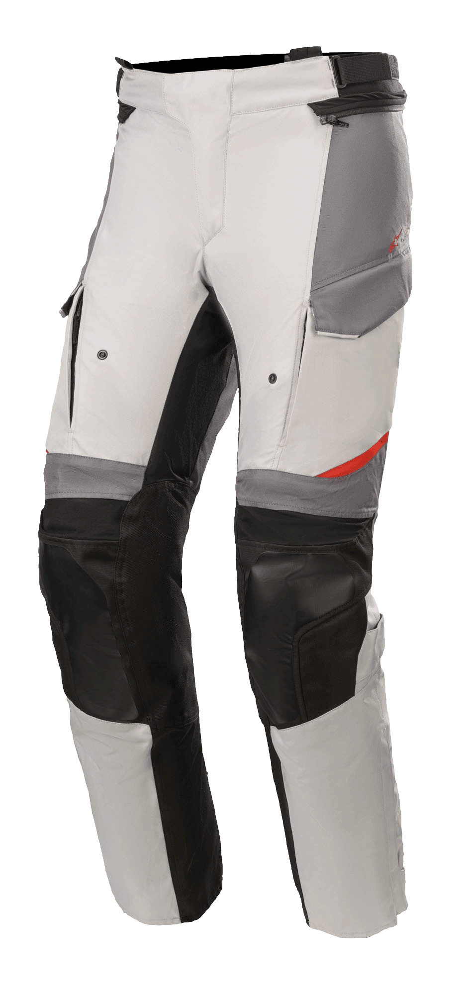 Alpinestars Andes V3 Drystar® Pants, pantalon de moto adventure touring, gris glacé et gris foncé avec des accents noirs, doté de panneaux de genoux renforcés, de poches de style cargo et d'une sangle de taille réglable, matériau textile durable avec des détails rouges