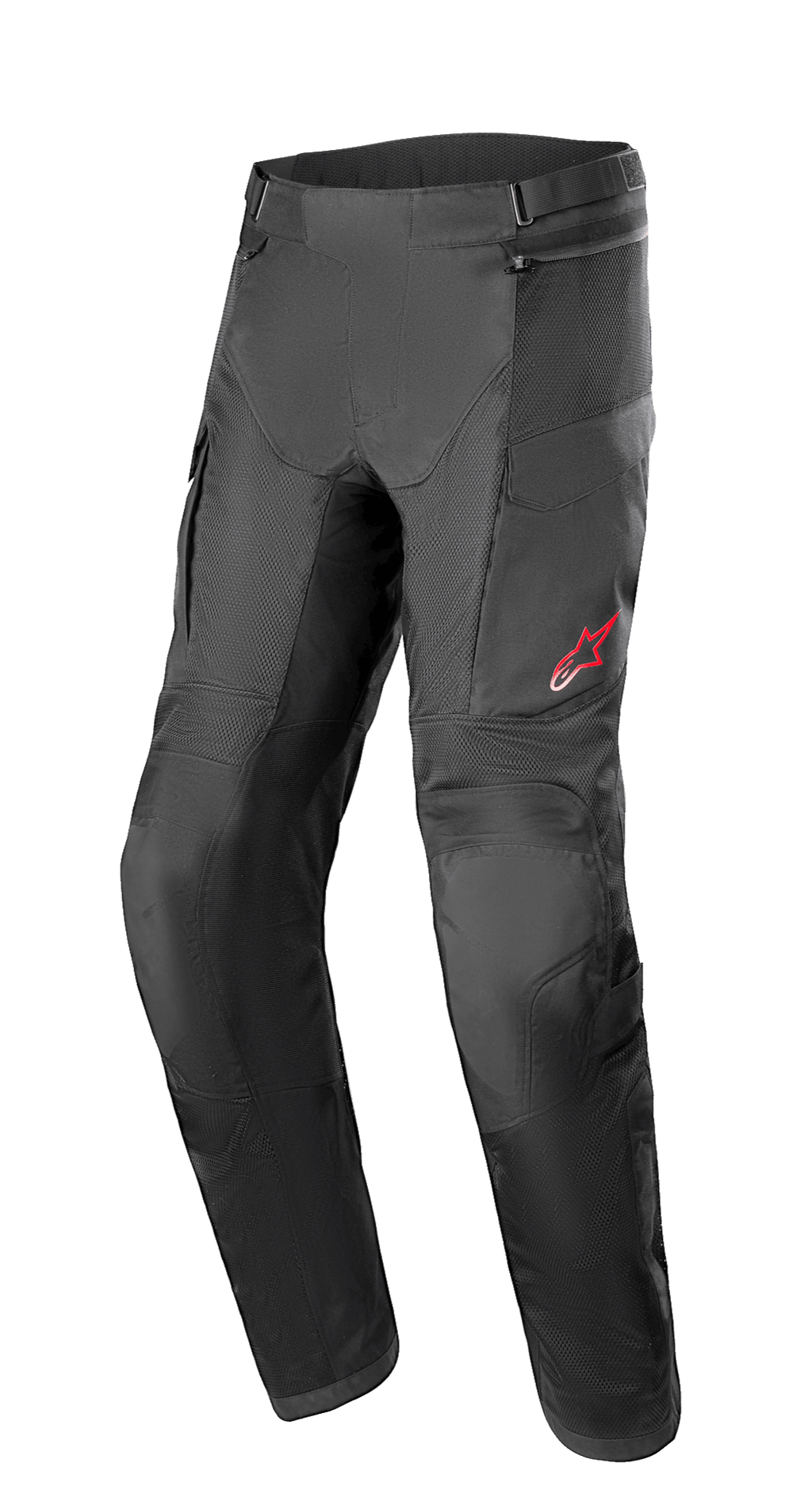 Pantalon Alpinestars Andes Air Drystar®, pantalon de moto touring aventure, noir, doté de larges panneaux en maille pour la ventilation, logo étoile rouge sur la cuisse gauche, sangles de réglage à la taille et sections de genoux renforcées, conçu pour le confort en touring.