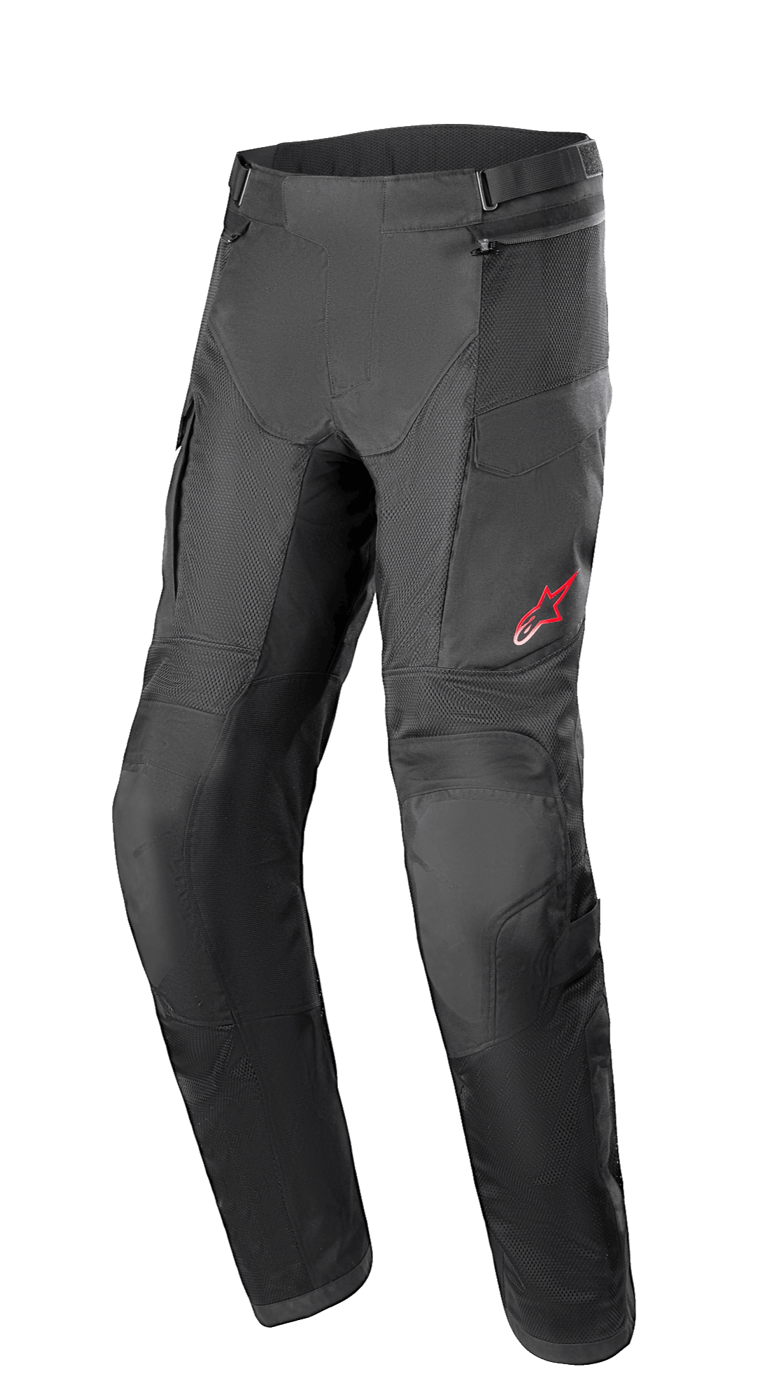Pantalon Alpinestars Andes Air Drystar®, pantalon de moto touring aventure, noir, doté de larges panneaux en maille pour la ventilation, logo étoile rouge sur la cuisse gauche, sangles de réglage à la taille et sections de genoux renforcées, conçu pour le confort en touring.