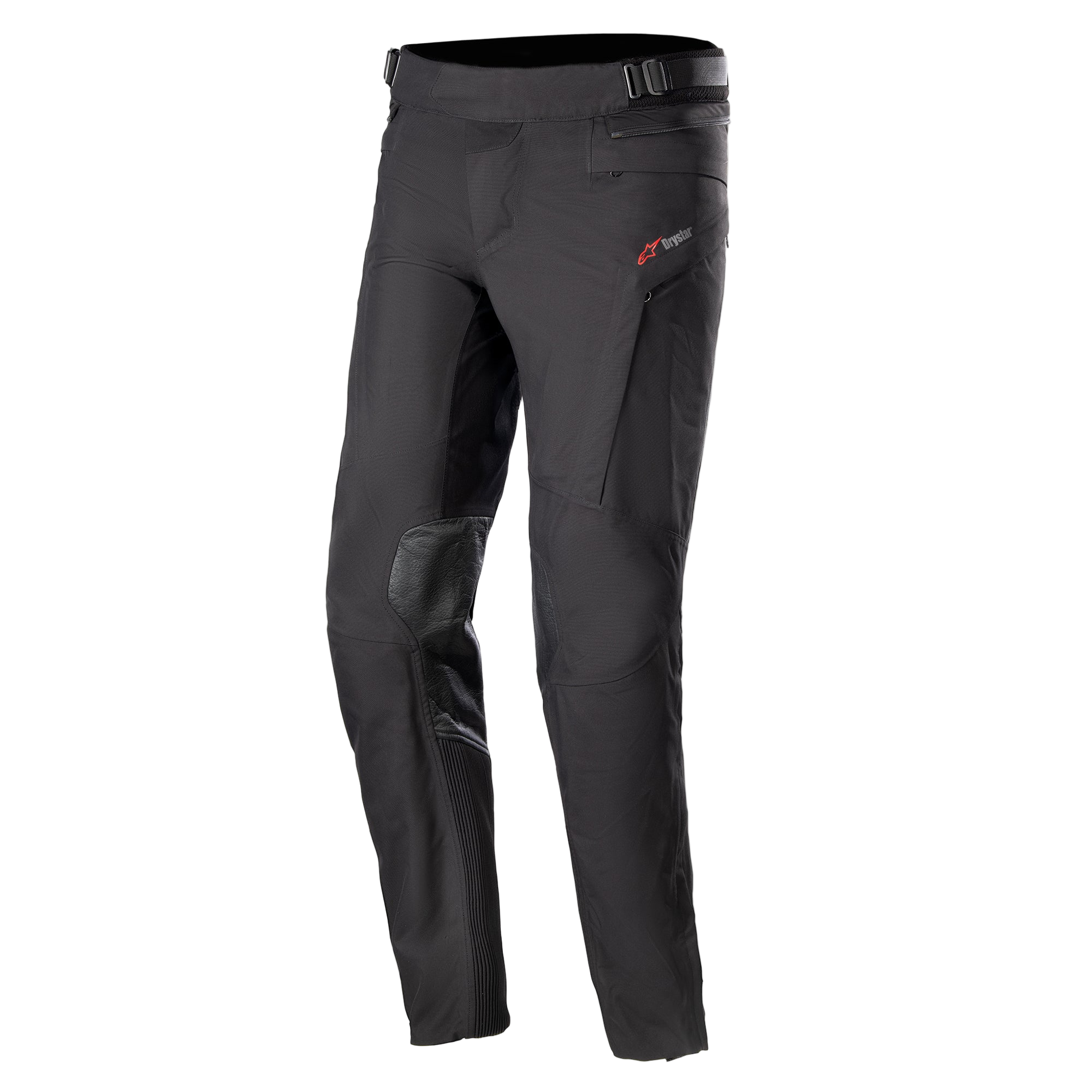 Alpinestars AMT-10 Drystar® XF, pantalon de moto touring, noir avec logo rouge sur la hanche, empiècements renforcés aux genoux, zones extensibles en accordéon sur le bas des jambes, taille réglable et poches zippées, conception textile technique pour l'aventure