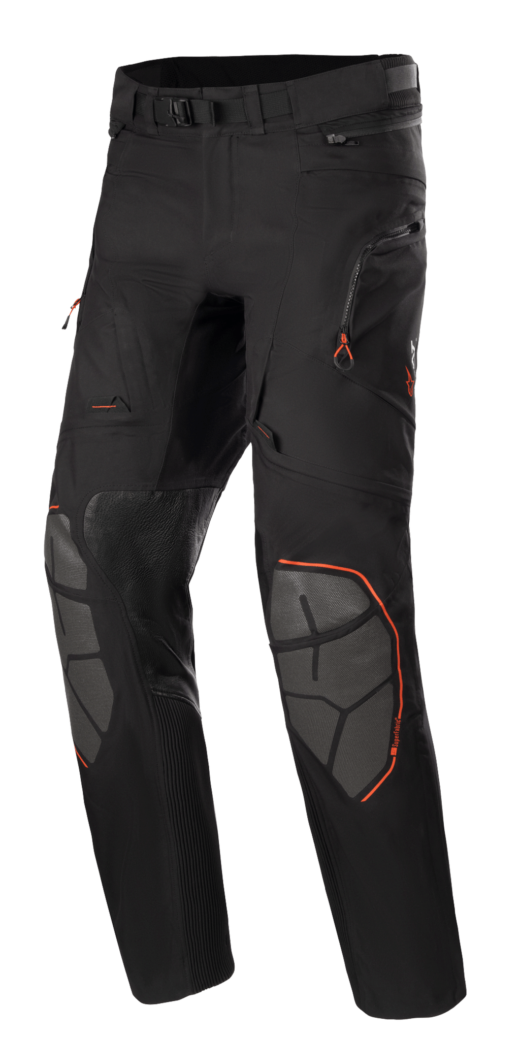 Alpinestars AMT-10R Drystar XF, pantalon de moto touring d'aventure, noir avec accents orange, renforts de genoux en Superfabric gris, ceinture réglable, poches zippées et design laminé imperméable