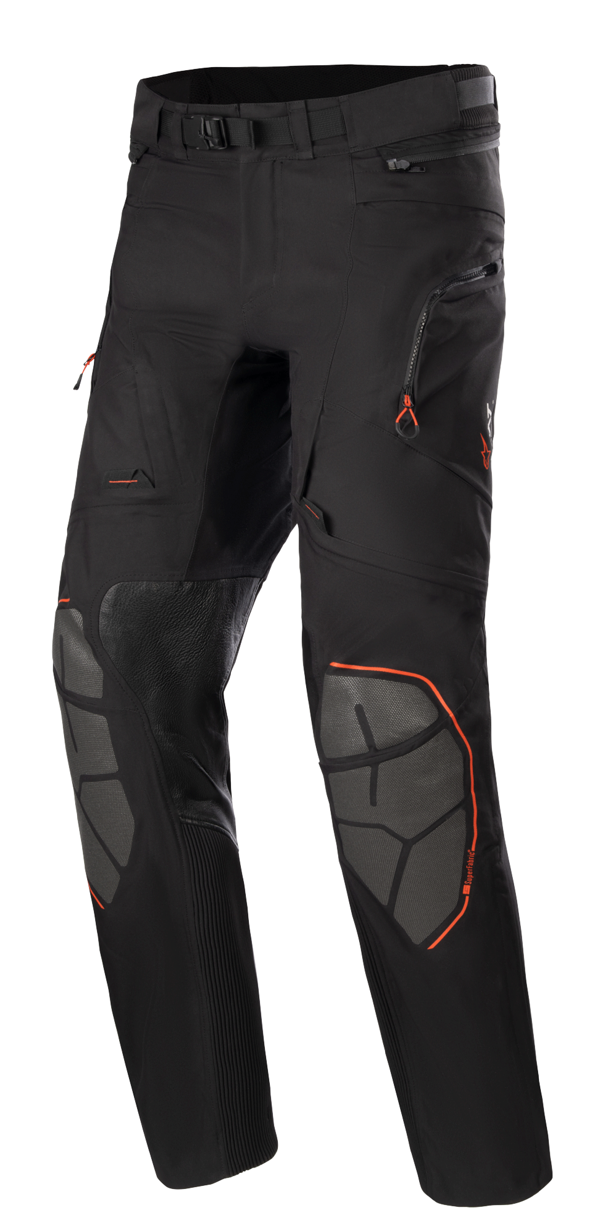 Alpinestars AMT-10R Drystar XF, pantalon de moto touring d'aventure, noir avec accents orange, renforts de genoux en Superfabric gris, ceinture réglable, poches zippées et design laminé imperméable