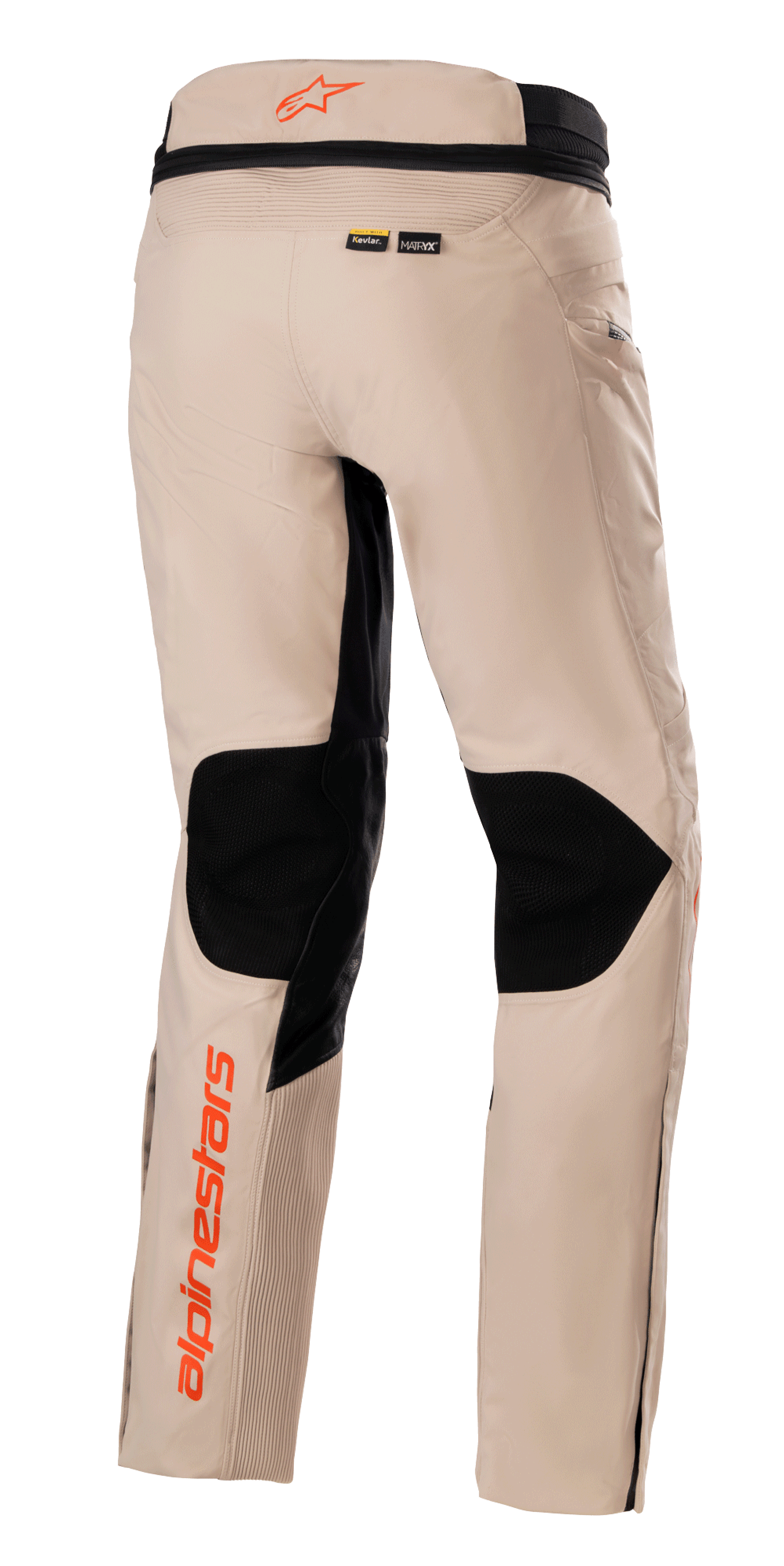 Alpinestars AMT-10R Drystar® XF Pants, Adventure Touring Pants, Pale Brown, rear view featuring large black mesh panels on the back of the knees, orange Alpinestars logos on the waistband and lower leg, and Kevlar and MATRYX material branding.