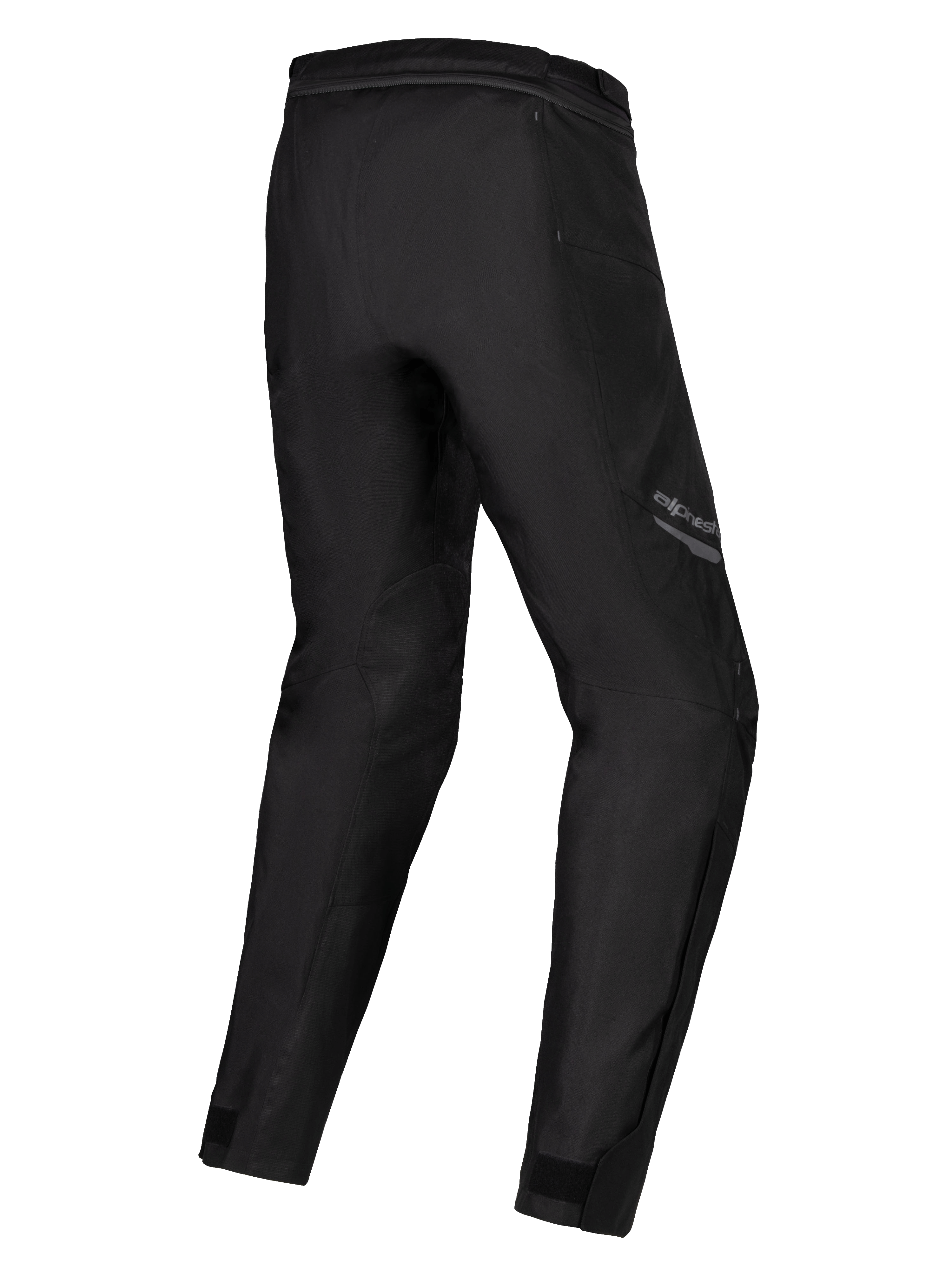 Alpinestars Stella ST-1 Waterproof Pants, Women's Motorcycle Pants, Black, rear three-quarter view showing pre-curved legs, textile construction with waist connection zipper and ankle adjusters, adventure touring gear