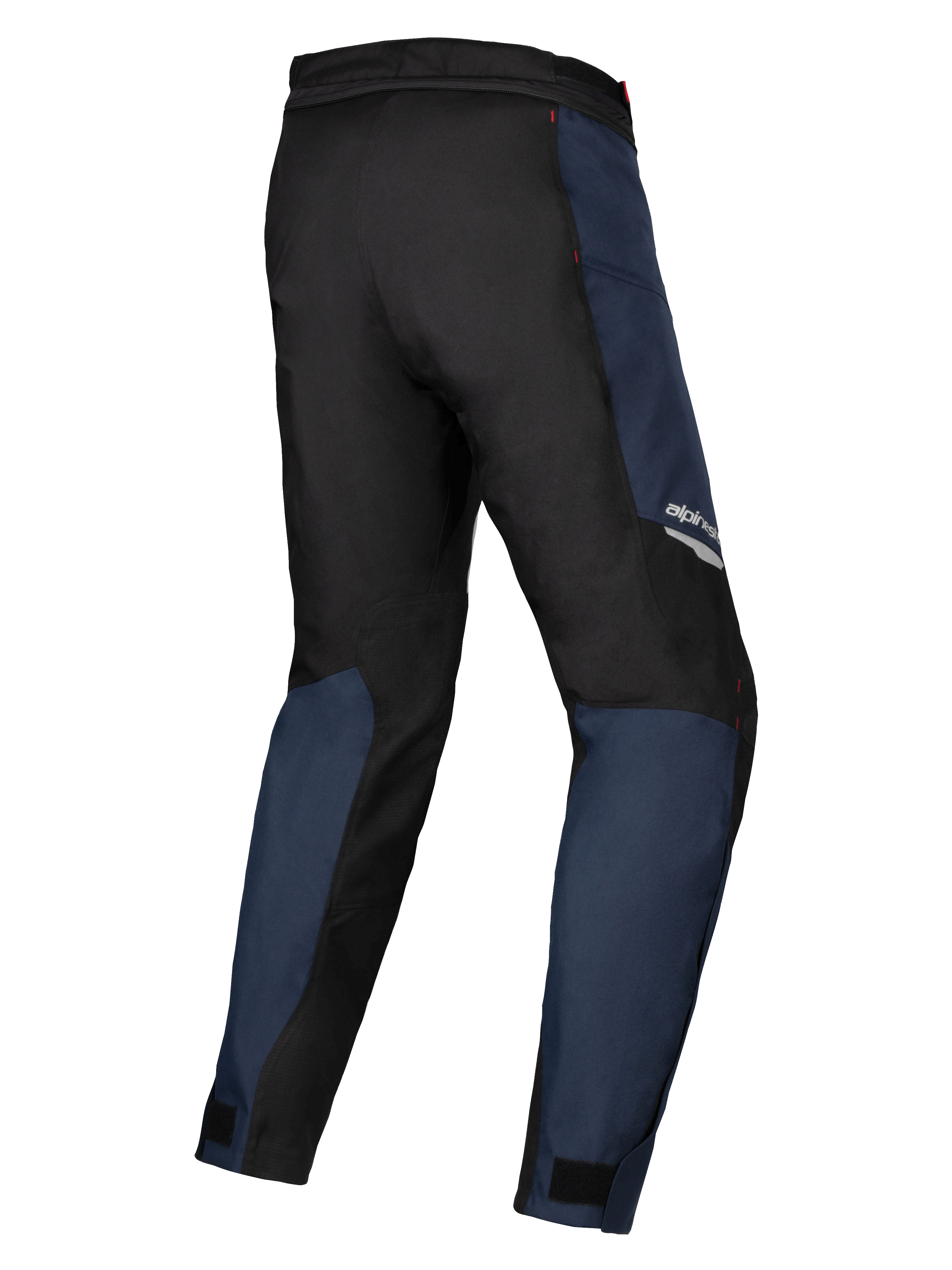 Alpinestars Stella ST-1 Waterproof Pants, textile bleu foncé et noir avec accents rouge vif, vue de trois-quarts arrière soulignant la construction durable et la coupe ergonomique pour l'adventure touring féminin.
