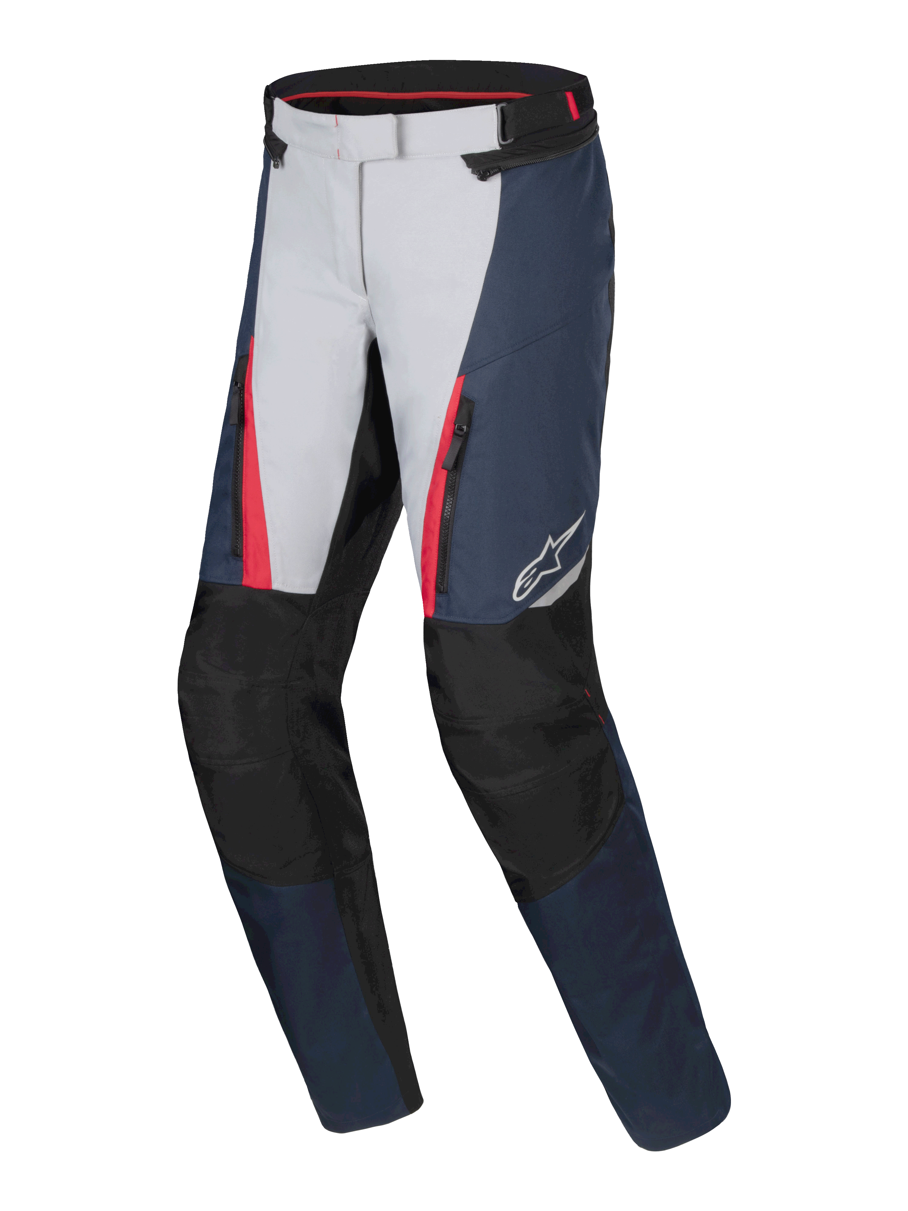 Alpinestars Stella ST-1 Waterproof Pants, pantalon de touring moto pour femme, bleu marine, noir et rouge vif avec empiècements gris clair, poches avant zippées, protection renforcée aux genoux et design ergonomique pour rouler par tous les temps