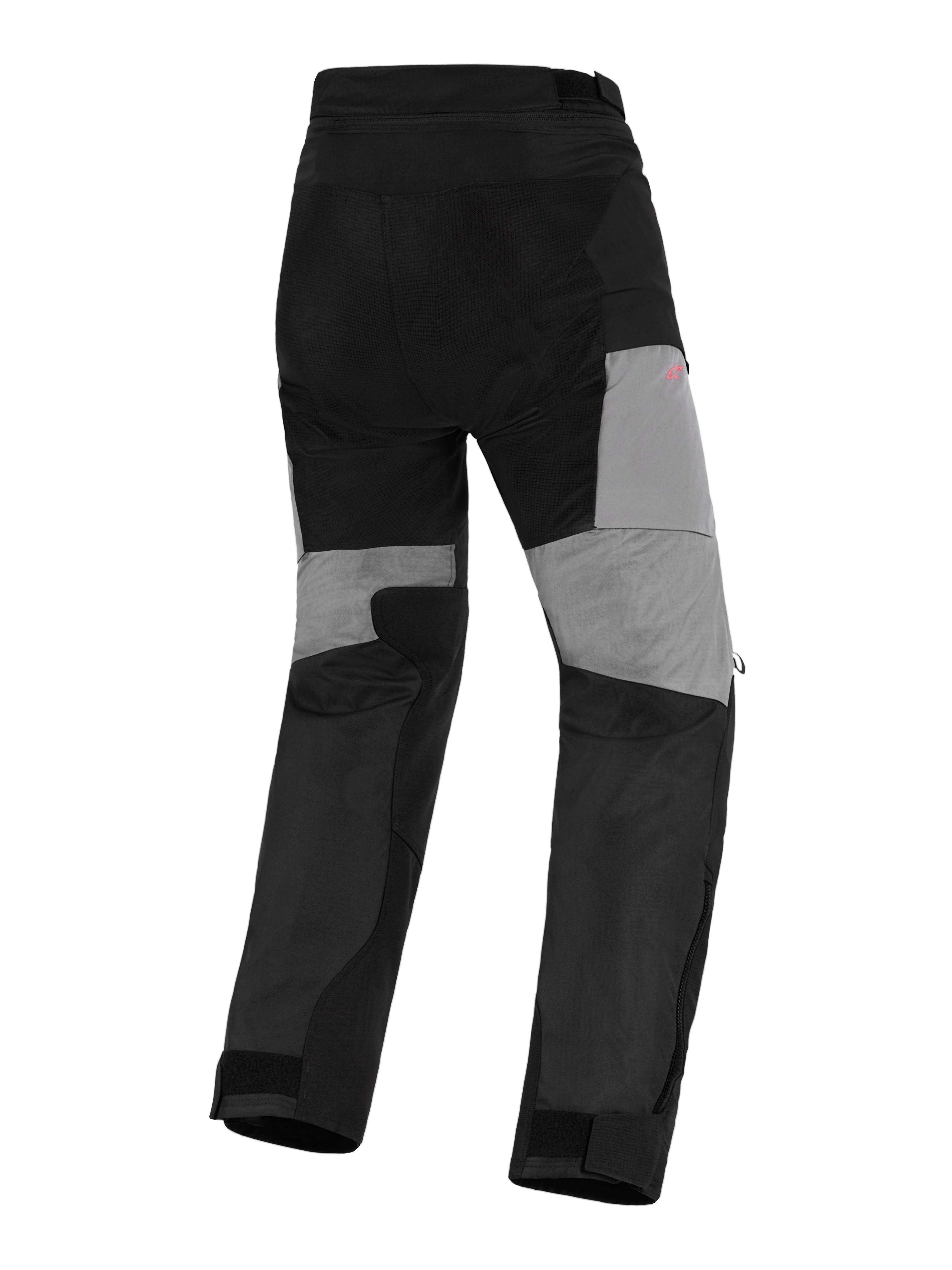 Pantalon Alpinestars Stella Andes V4 Drystar®, pantalon de moto d'aventure pour femme, noir et gris foncé, vue arrière avec panneaux gris à l'arrière des jambes, renforts ripstop durables sur l'assise et zones extensibles pour la mobilité, conception textile imperméable.