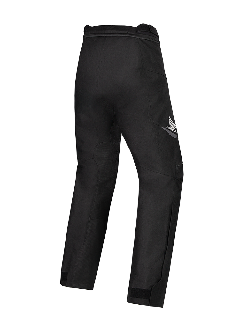 Pantalon imperméable Honda Stella ST-1 pour femme Alpinestars, pantalon de moto noir, vue de trois-quarts arrière avec le logo ailé Honda blanc sur la cuisse droite, construction textile durable avec genoux articulés et pattes de réglage aux chevilles, conçu pour le touring et l'aventure