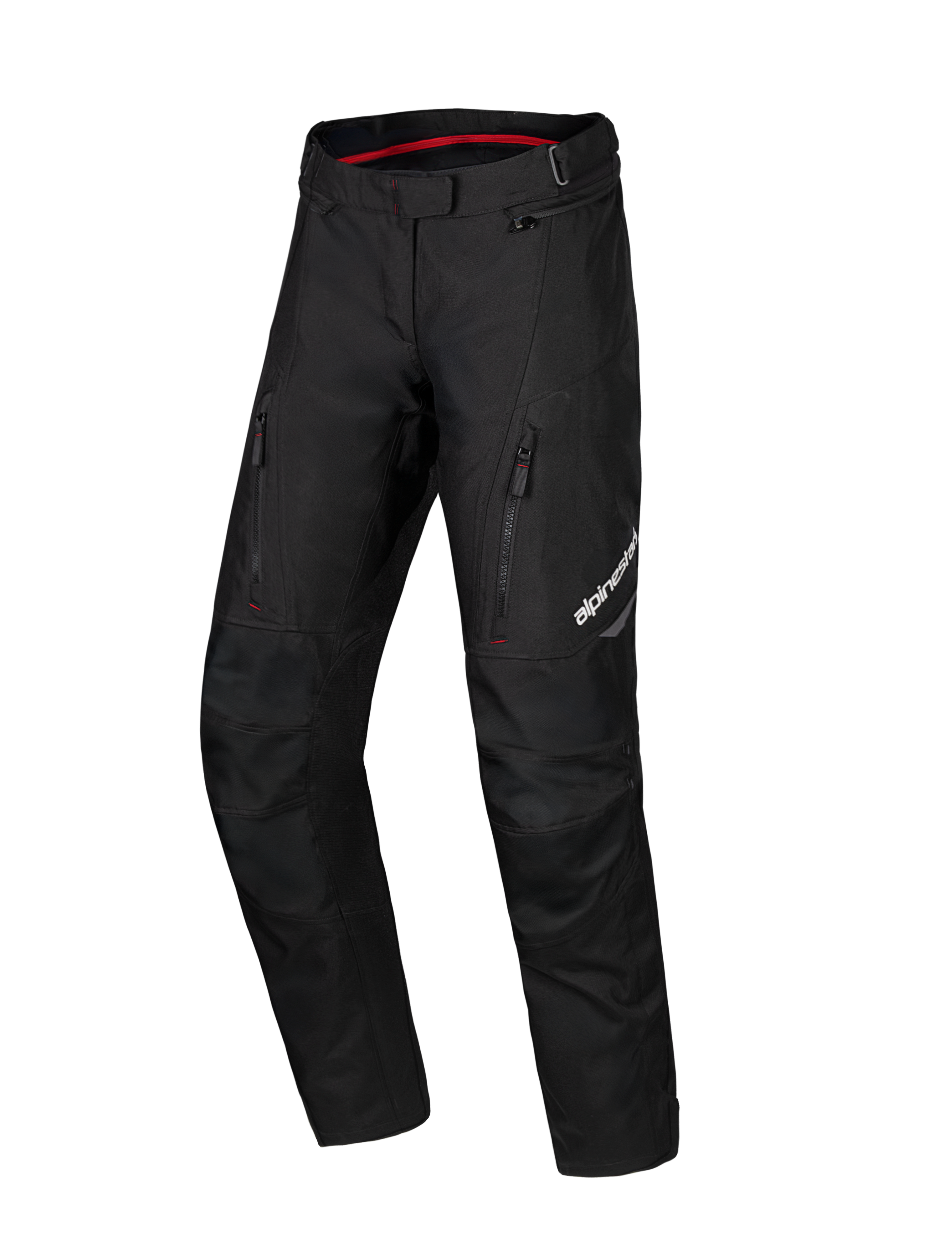 Pantalon imperméable Alpinestars Honda Stella ST-1, pantalon de moto touring pour femme noir, doublure intérieure de la taille rouge, deux poches verticales zippées sur les cuisses, logo Alpinestars sur la jambe, équipement d'aventure en textile durable