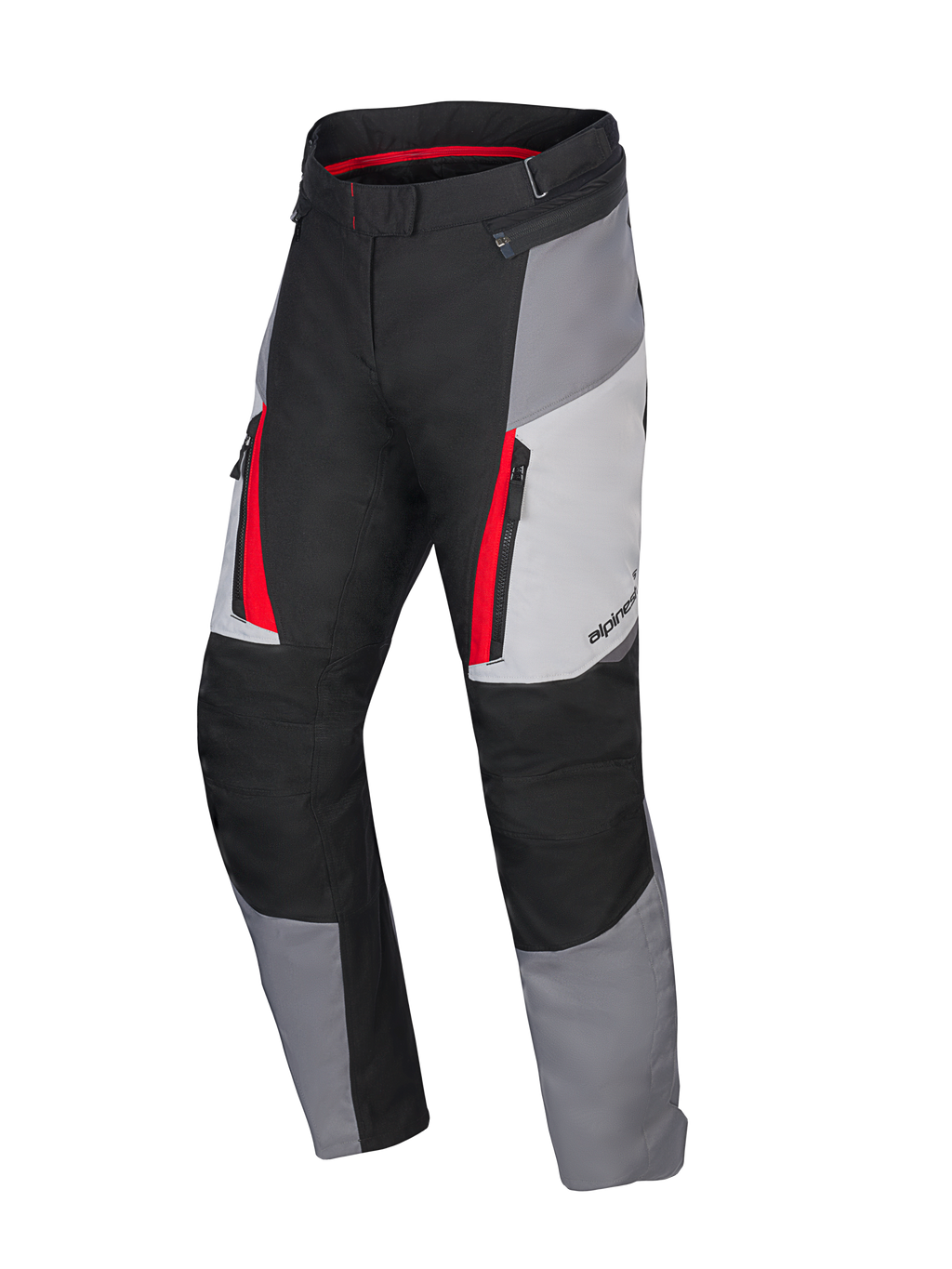 Pantalon Alpinestars Honda Stella ST-1 Waterproof pour femme, pantalon de touring moto, gris glacé, gris foncé et noir avec accents rouges, poches cargo zippées, construction textile ergonomique et taille réglable