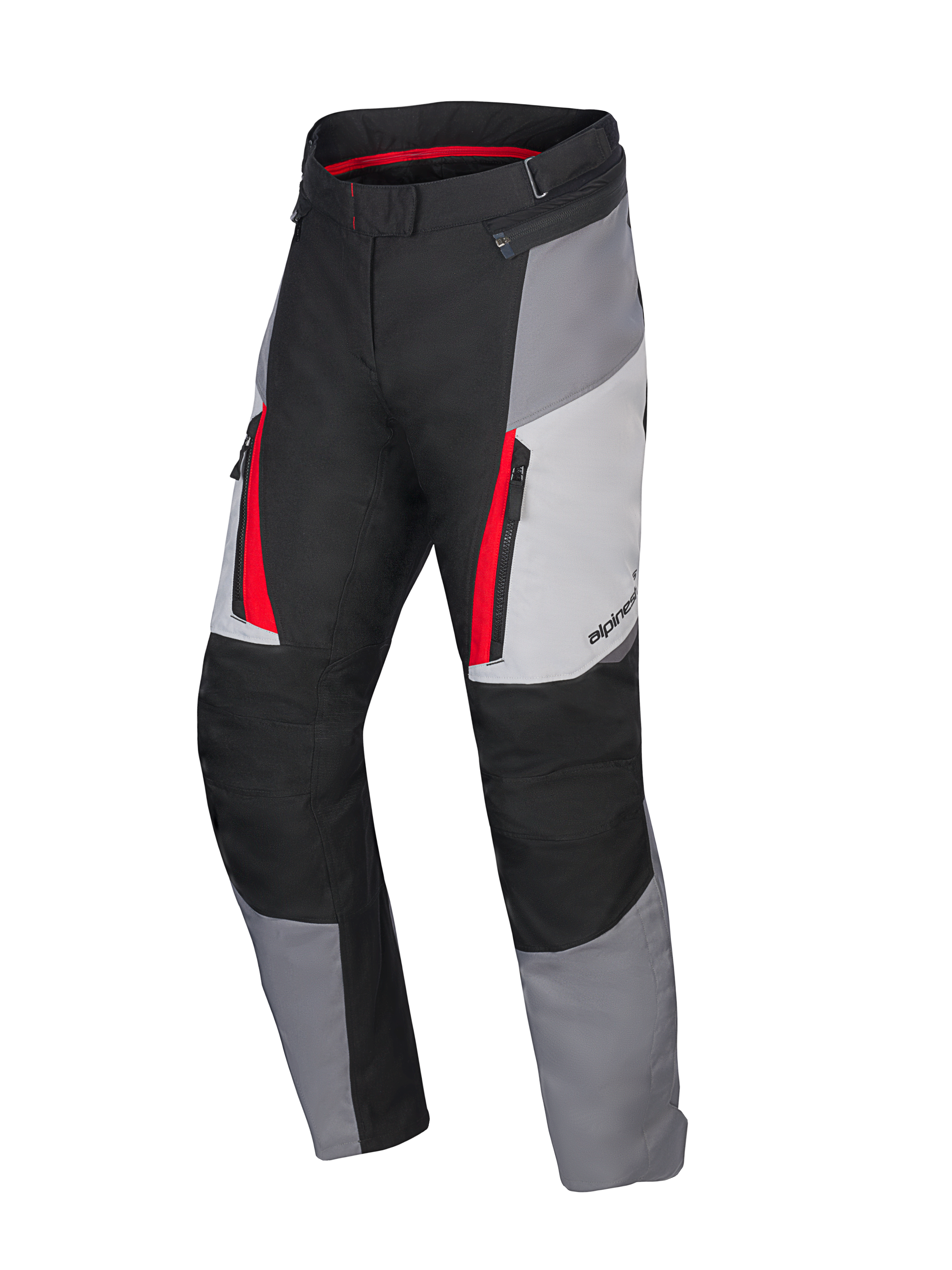 Pantalon Alpinestars Honda Stella ST-1 Waterproof pour femme, pantalon de touring moto, gris glacé, gris foncé et noir avec accents rouges, poches cargo zippées, construction textile ergonomique et taille réglable
