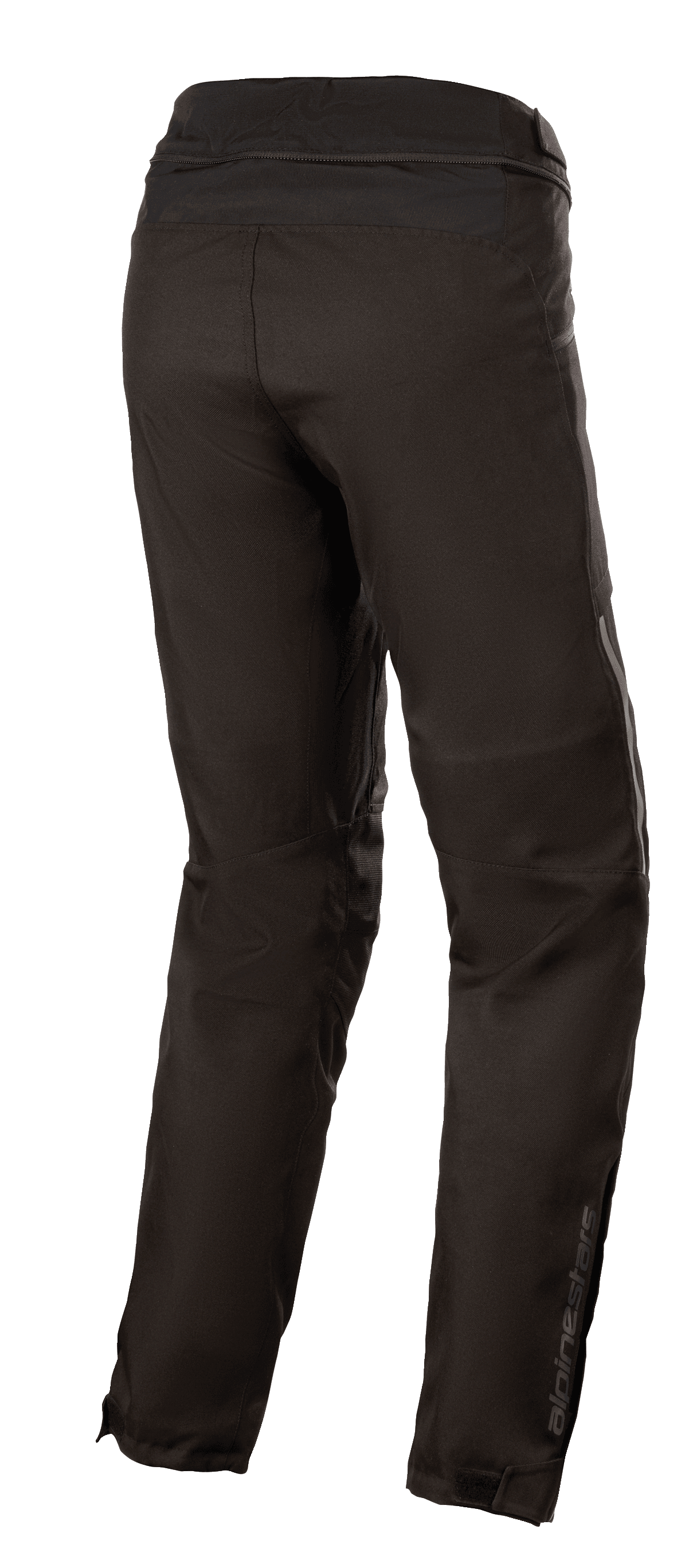 Pantalon imperméable Alpinestars Stella AST-1 V2, pantalon de moto textile pour femme, noir, vue de trois-quarts arrière montrant la fermeture éclair de connexion à la taille, les jambes pré-courbées et le logo réfléchissant Alpinestars sur le bas du mollet