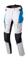 Alpinestars Women Stella Honda Andes V3 Drystar® Pants, Motorcycle Touring Pants, Ice Gray with Blue and Bright Red accents, black reinforced knee panels, featuring cargo pockets and Honda branding, waterproof adventure riding design