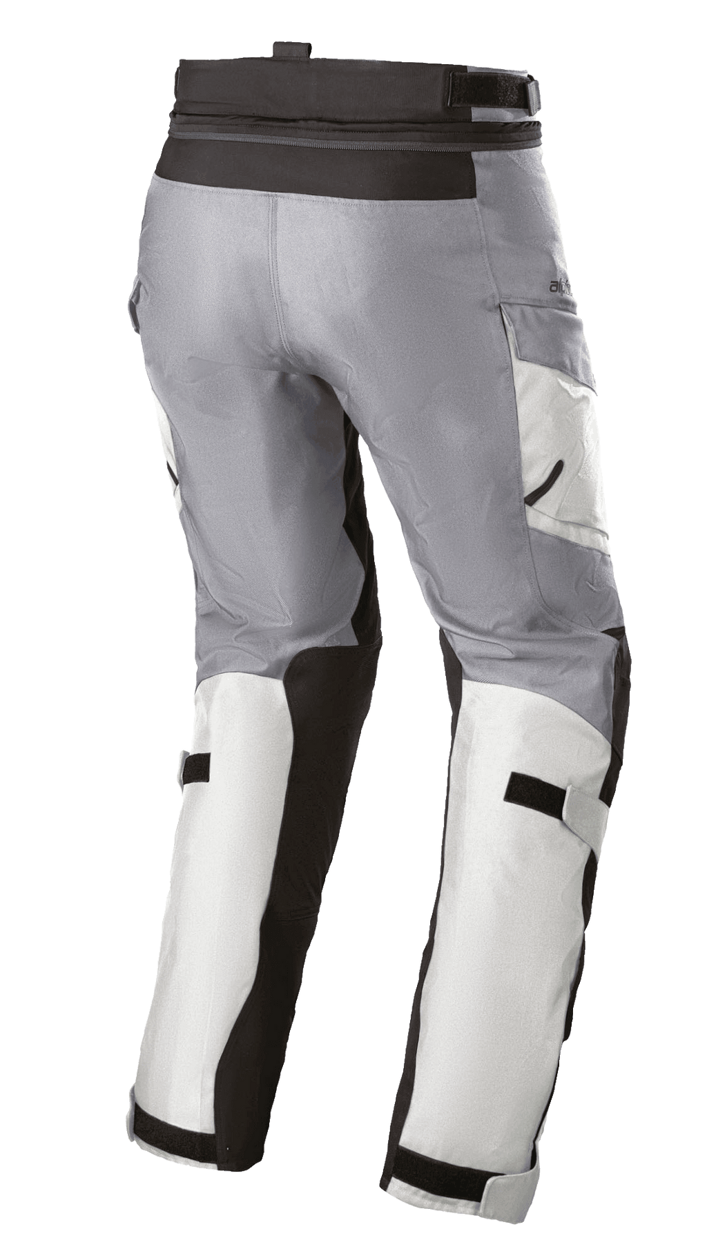 Pantalon femme Alpinestars Stella Andes V3 Drystar®, pantalon de moto touring, gris glace et gris foncé, vue de trois-quarts arrière montrant les sangles de réglage à la taille et aux mollets, les poches cargo et les panneaux renforcés.