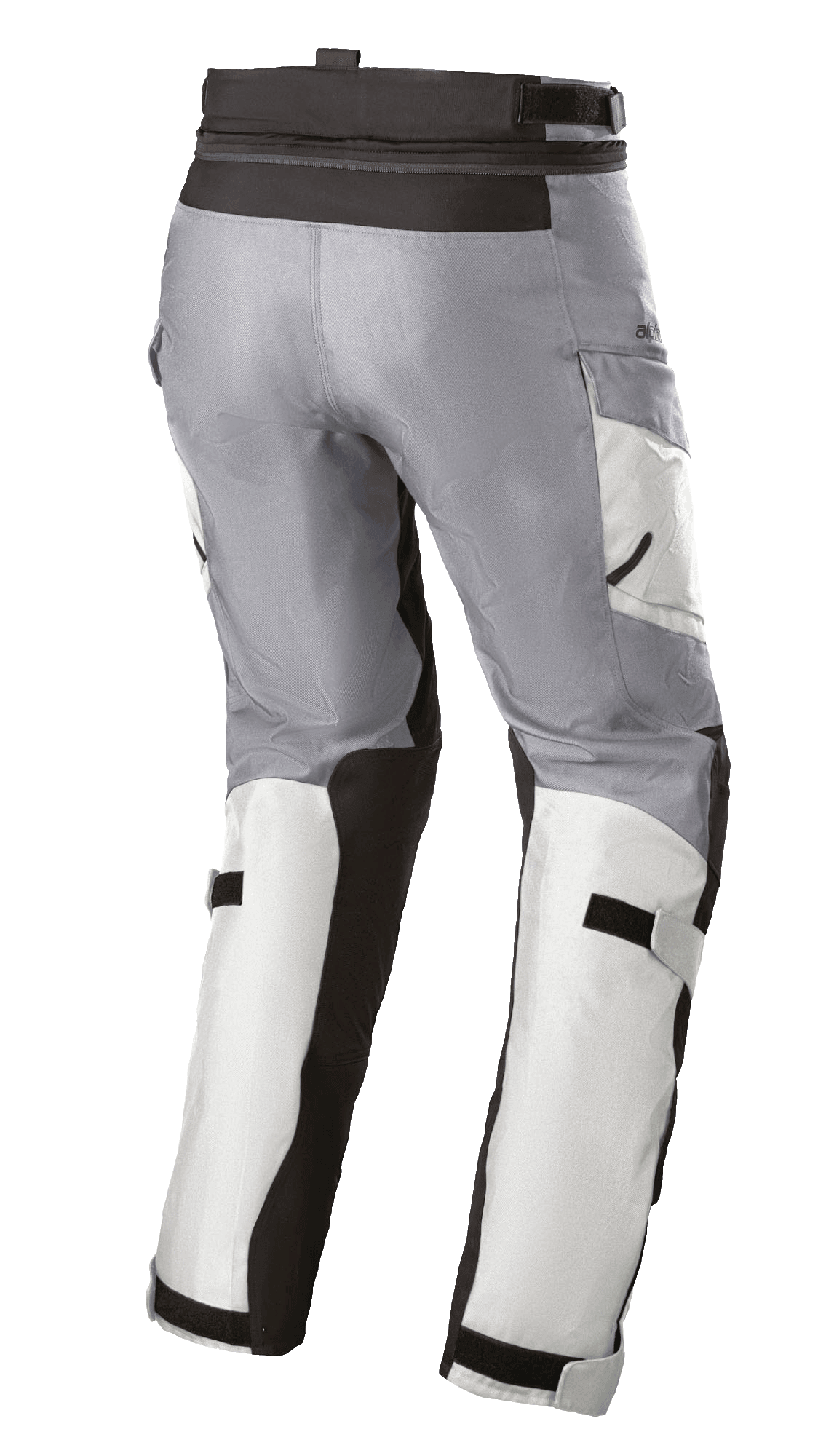 Pantalon femme Alpinestars Stella Andes V3 Drystar®, pantalon de moto touring, gris glace et gris foncé, vue de trois-quarts arrière montrant les sangles de réglage à la taille et aux mollets, les poches cargo et les panneaux renforcés.