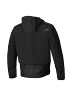 Alpinestars Parka Imperméable Mootant, veste de moto noire pour homme, vue de dos montrant la capuche, le dos allongé et le logo réfléchissant MO.ST.EQ.