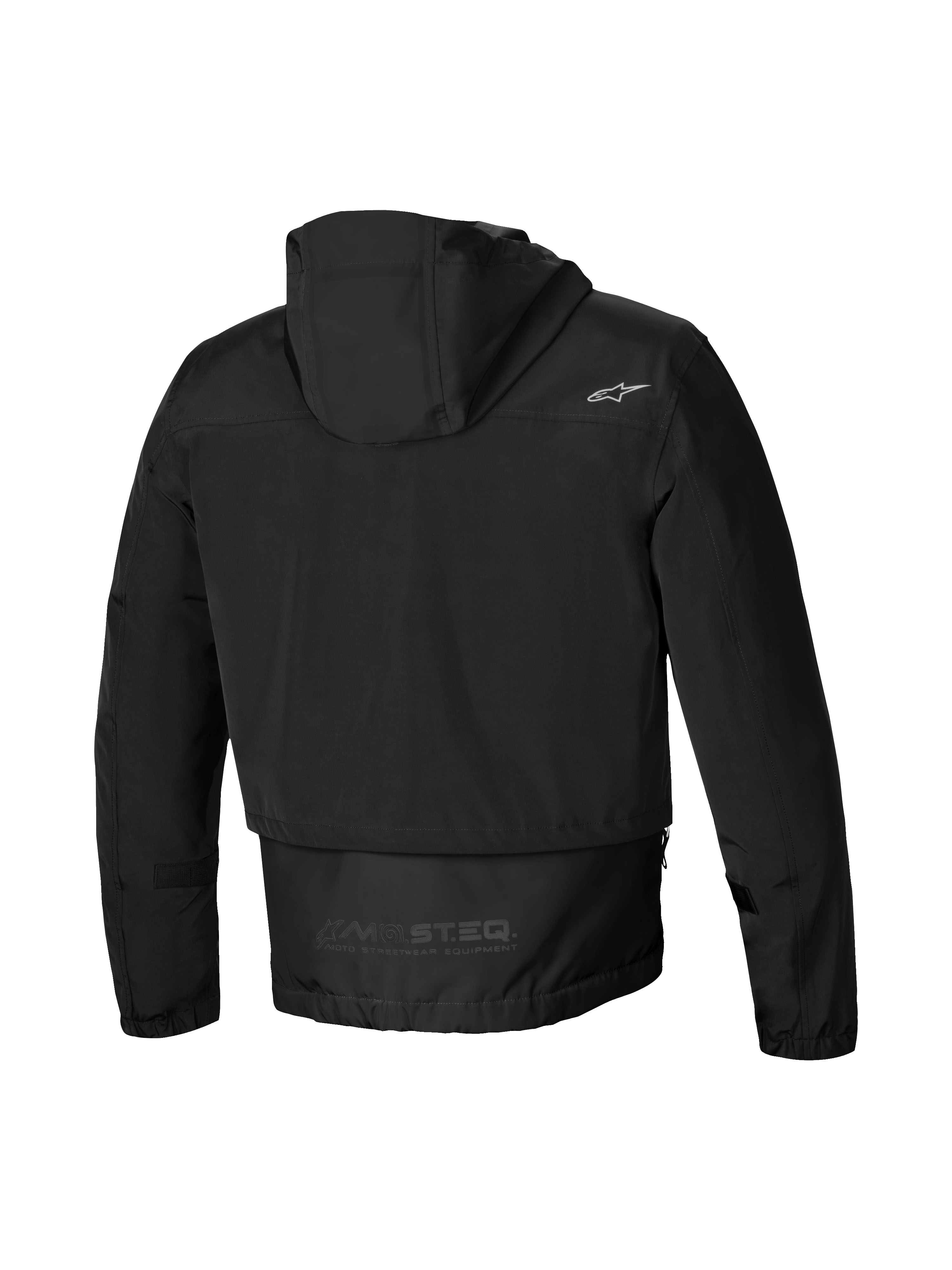 Alpinestars Parka Imperméable Mootant, veste de moto noire pour homme, vue de dos montrant la capuche, le dos allongé et le logo réfléchissant MO.ST.EQ.