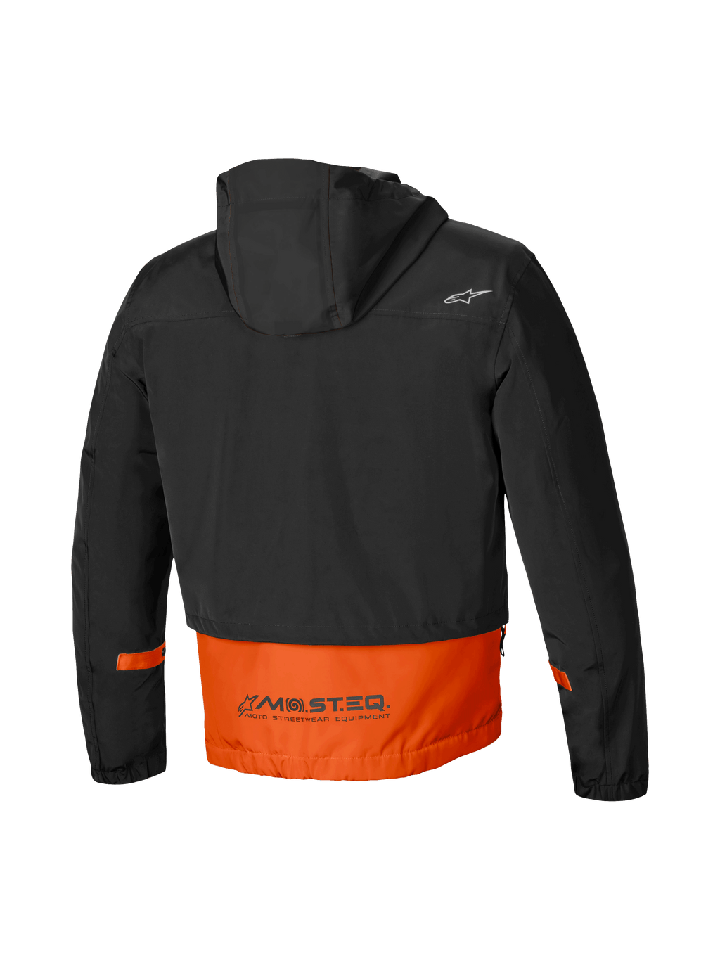 Alpinestars Parka Imperméable Mootant, veste de moto urbaine pour homme, vue de dos montrant la capuche attachée et le marquage réfléchissant MO.ST.EQ. sur coloris orange et noir