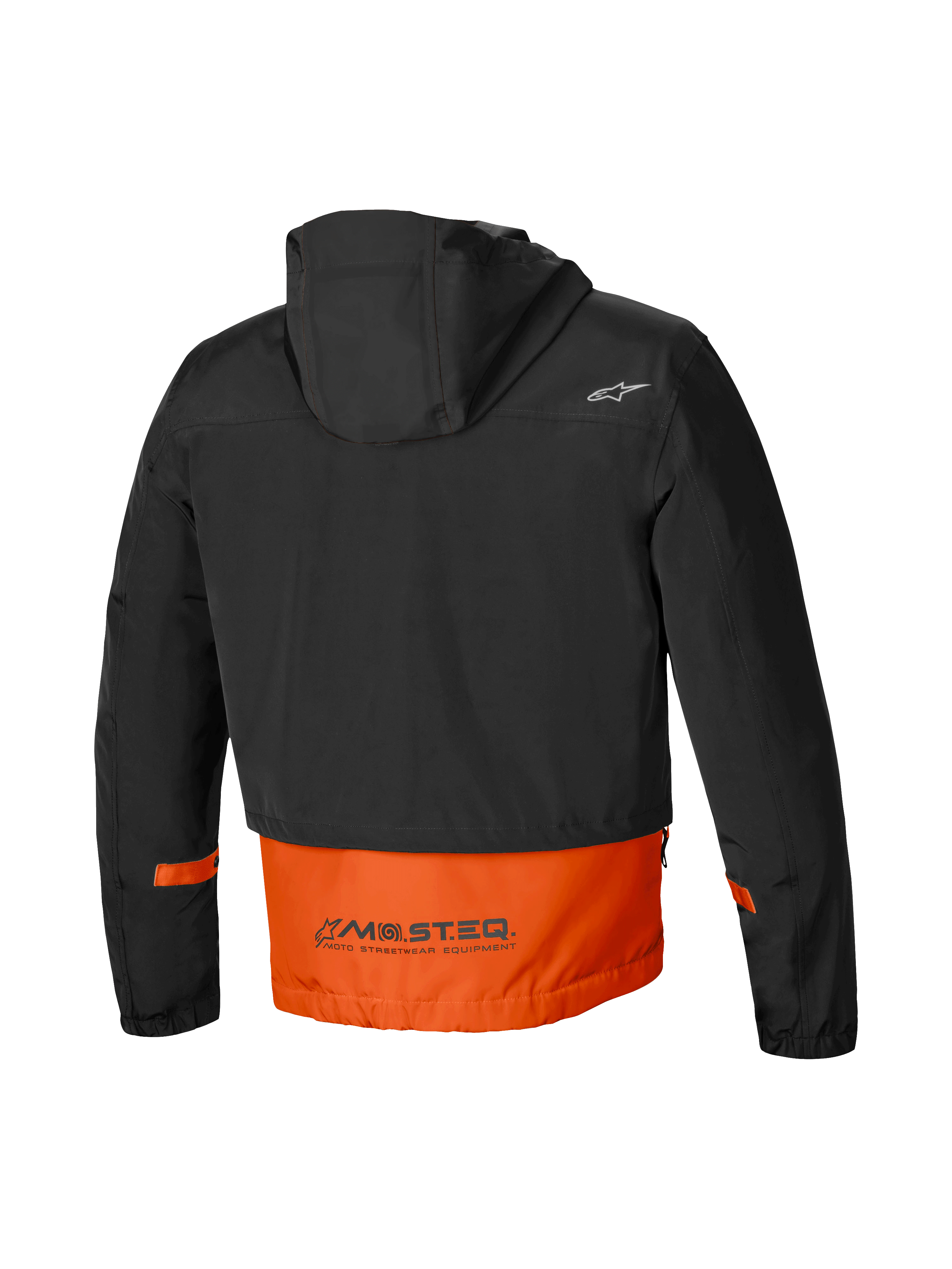 Alpinestars Parka Imperméable Mootant, veste de moto urbaine pour homme, vue de dos montrant la capuche attachée et le marquage réfléchissant MO.ST.EQ. sur coloris orange et noir