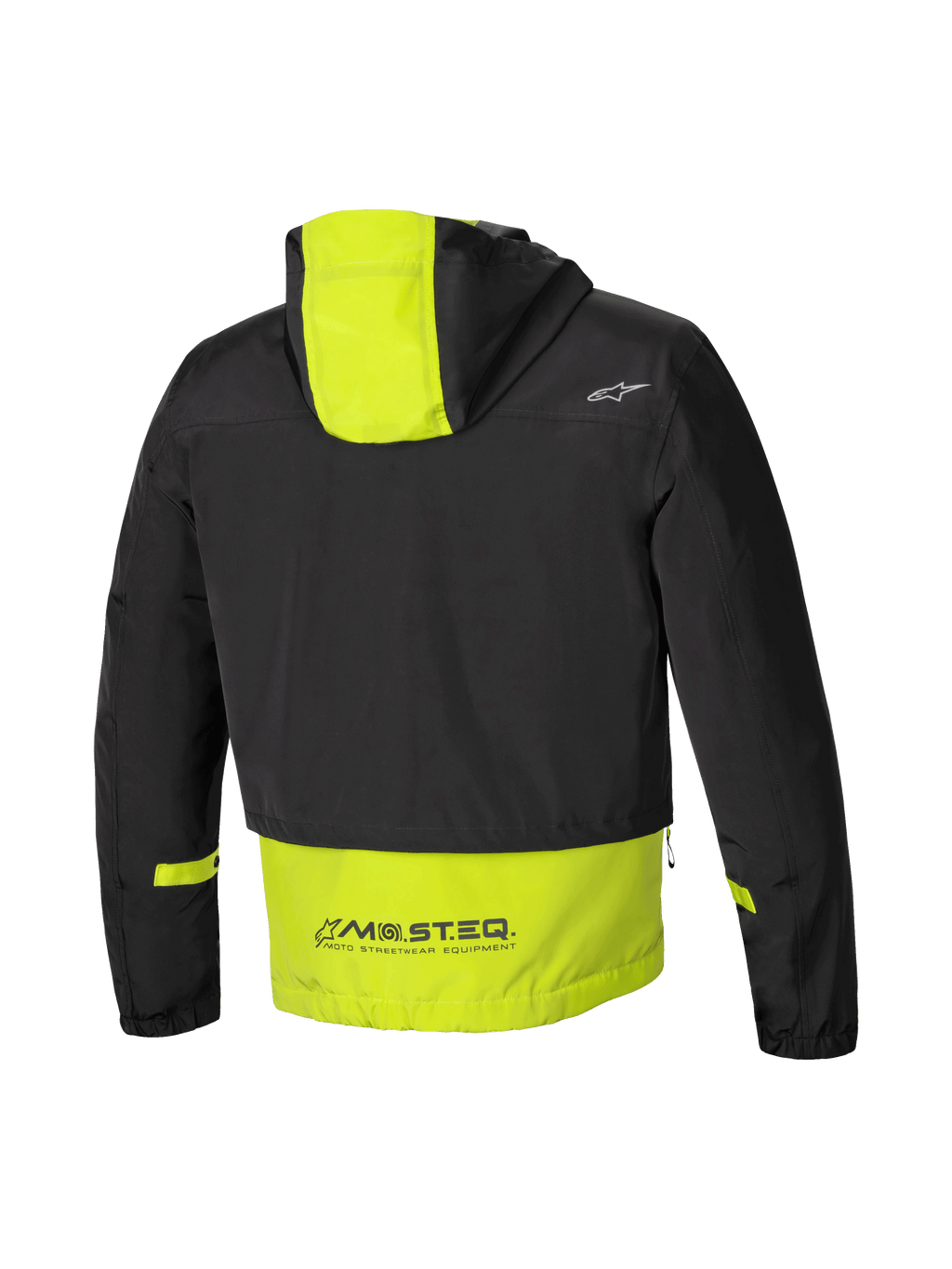 Alpinestars Parka Imperméable Mootant, parka de moto modulaire, vue de dos avec capuche et marquage MO.ST.EQ., noire et jaune lime, certifiée CE