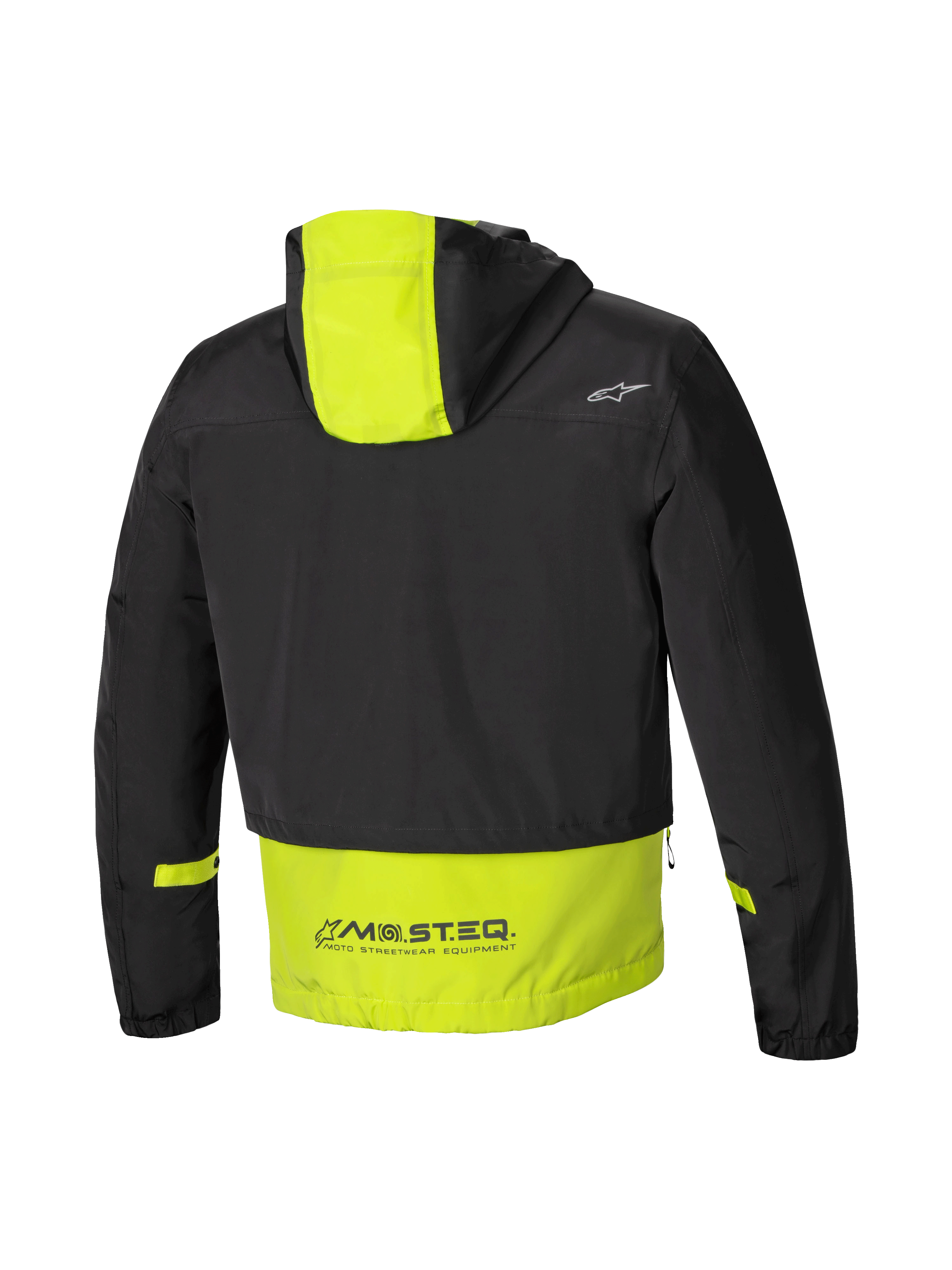 Alpinestars Parka Imperméable Mootant, parka de moto modulaire, vue de dos avec capuche et marquage MO.ST.EQ., noire et jaune lime, certifiée CE
