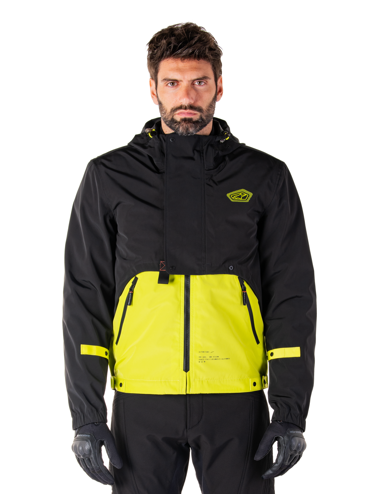 Alpinestars Mootant Waterproof Parka, Motorcycle Touring Jacket, Lime Punch and Black, hooded two-tone design with bright yellow lower torso and black upper body, yellow sleeve straps, logo on chest, technical modular style