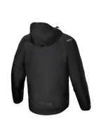 Alpinestars Parka Imperméable Morush, veste de moto noire pour homme, textile laminé, vue de dos avec capuche anti-tempête.