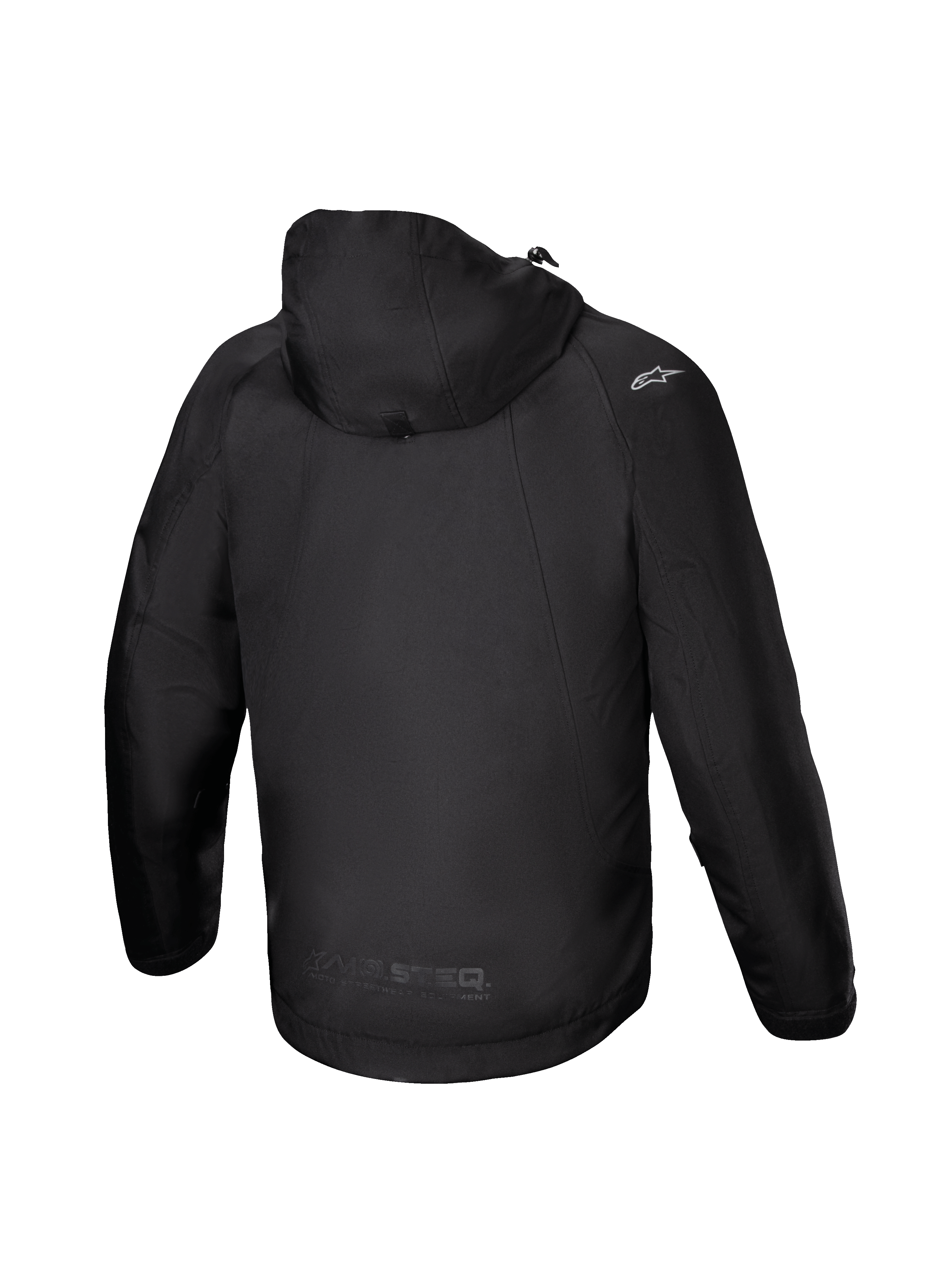 Alpinestars Parka Imperméable Morush, veste de moto noire pour homme, textile laminé, vue de dos avec capuche anti-tempête.