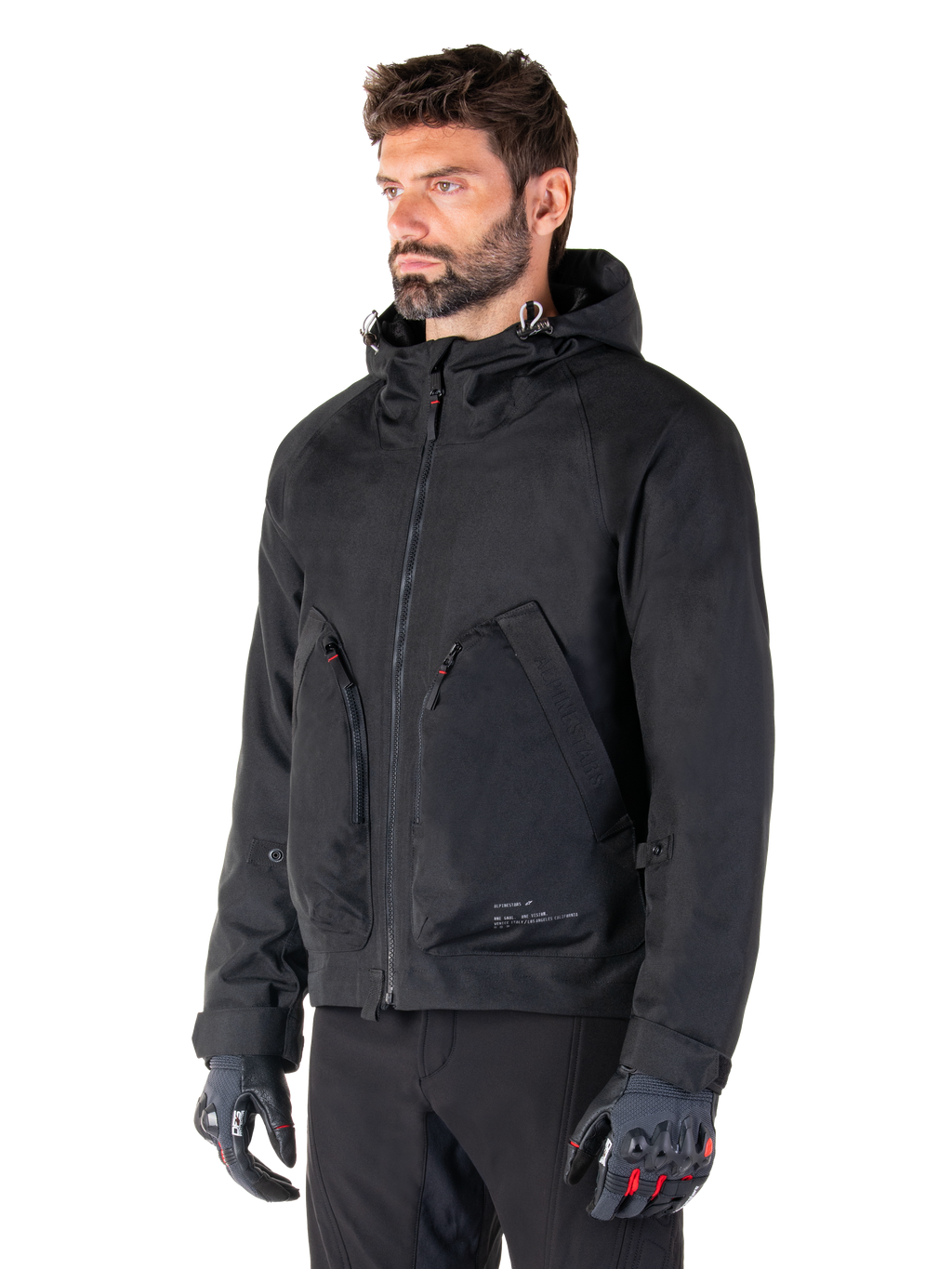 Alpinestars Morush, parka de moto urbaine pour homme, noire, textile imperméable, certifiée CE, Tech-Air Ready, portée par un mannequin.