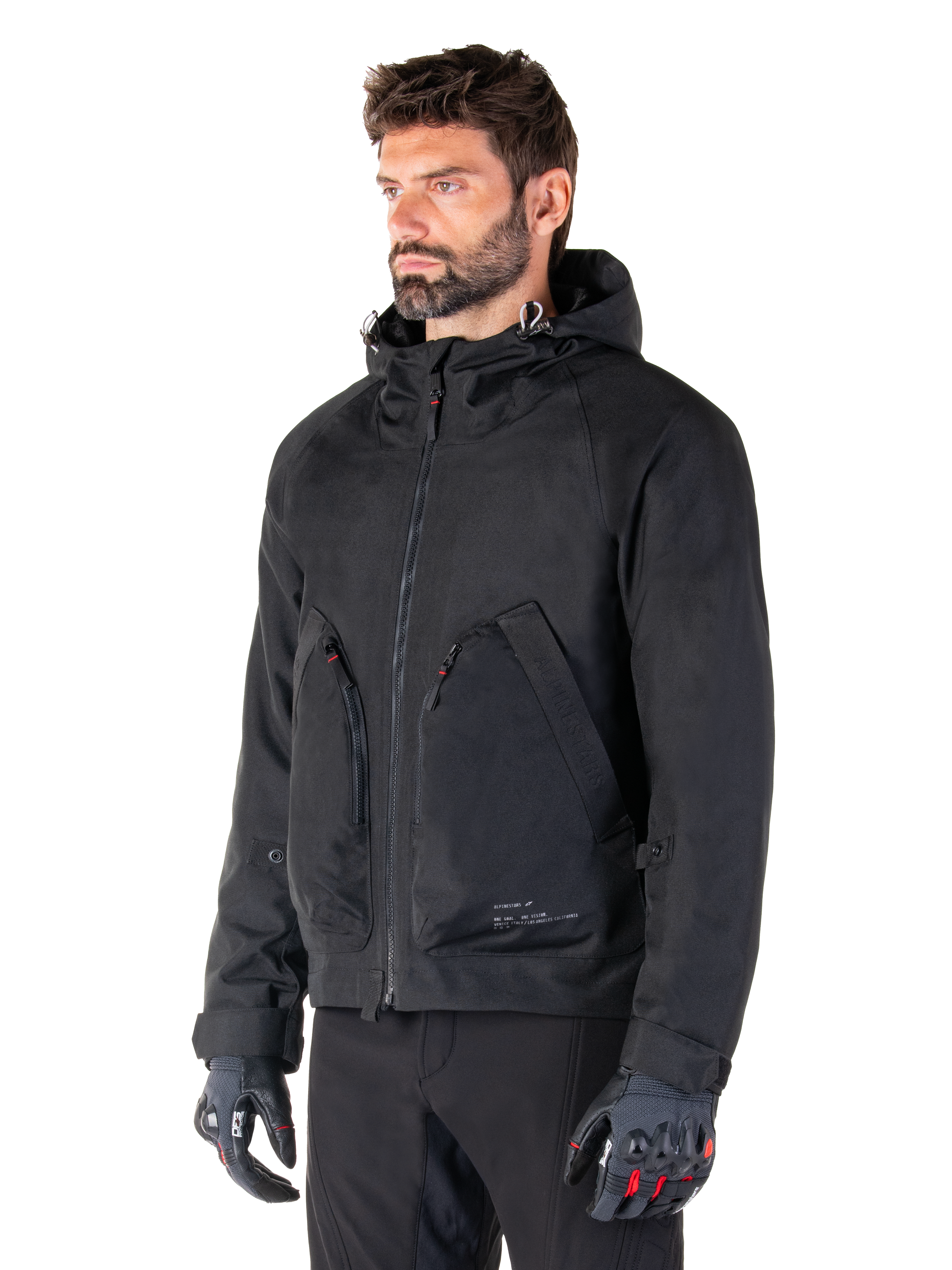 Alpinestars Morush, parka de moto urbaine pour homme, noire, textile imperméable, certifiée CE, Tech-Air Ready, portée par un mannequin.