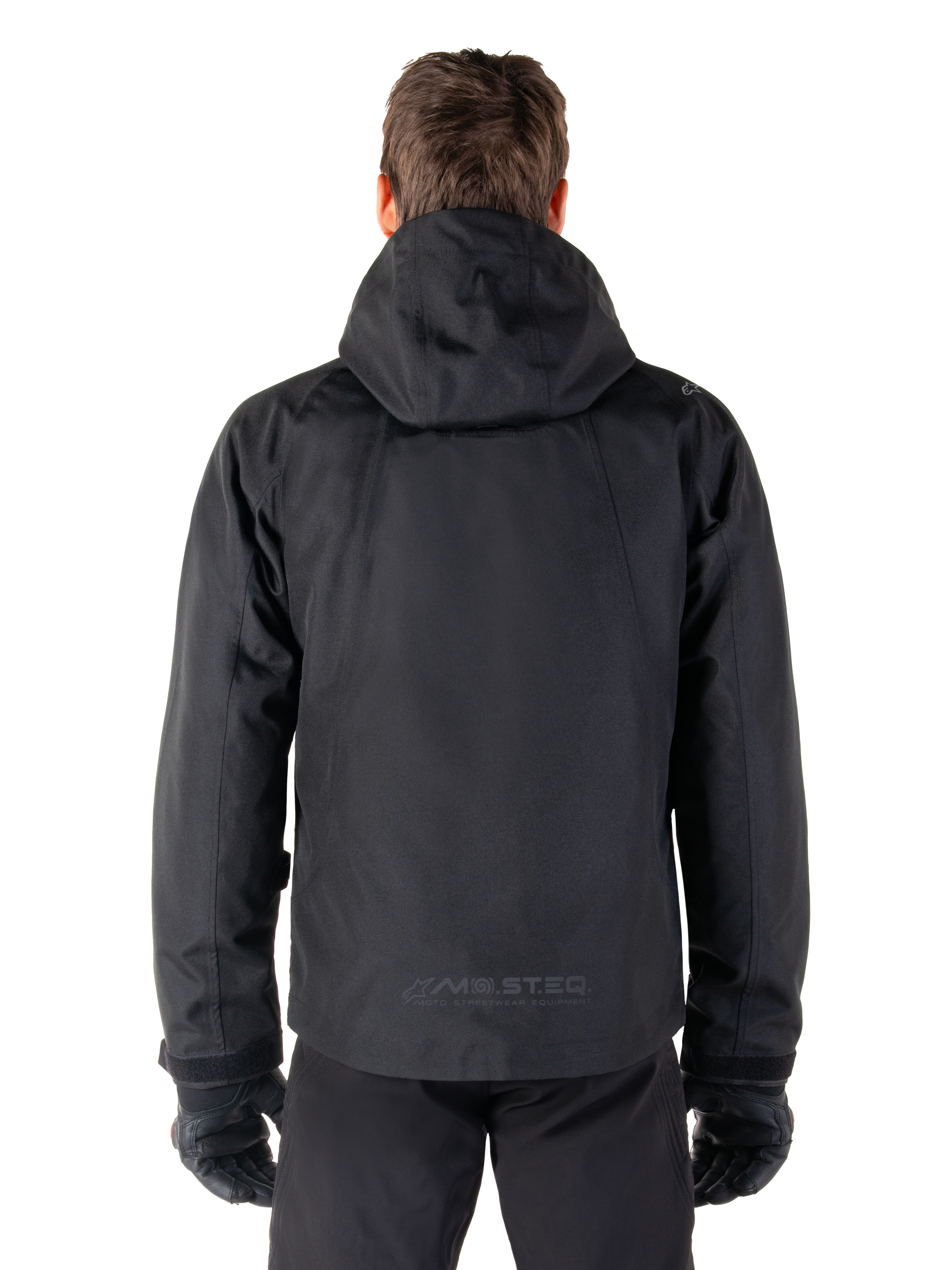 Parka imperméable Morush Alpinestars noire pour homme, vue arrière avec capuche et logo réfléchissant MO.ST.EQ.
