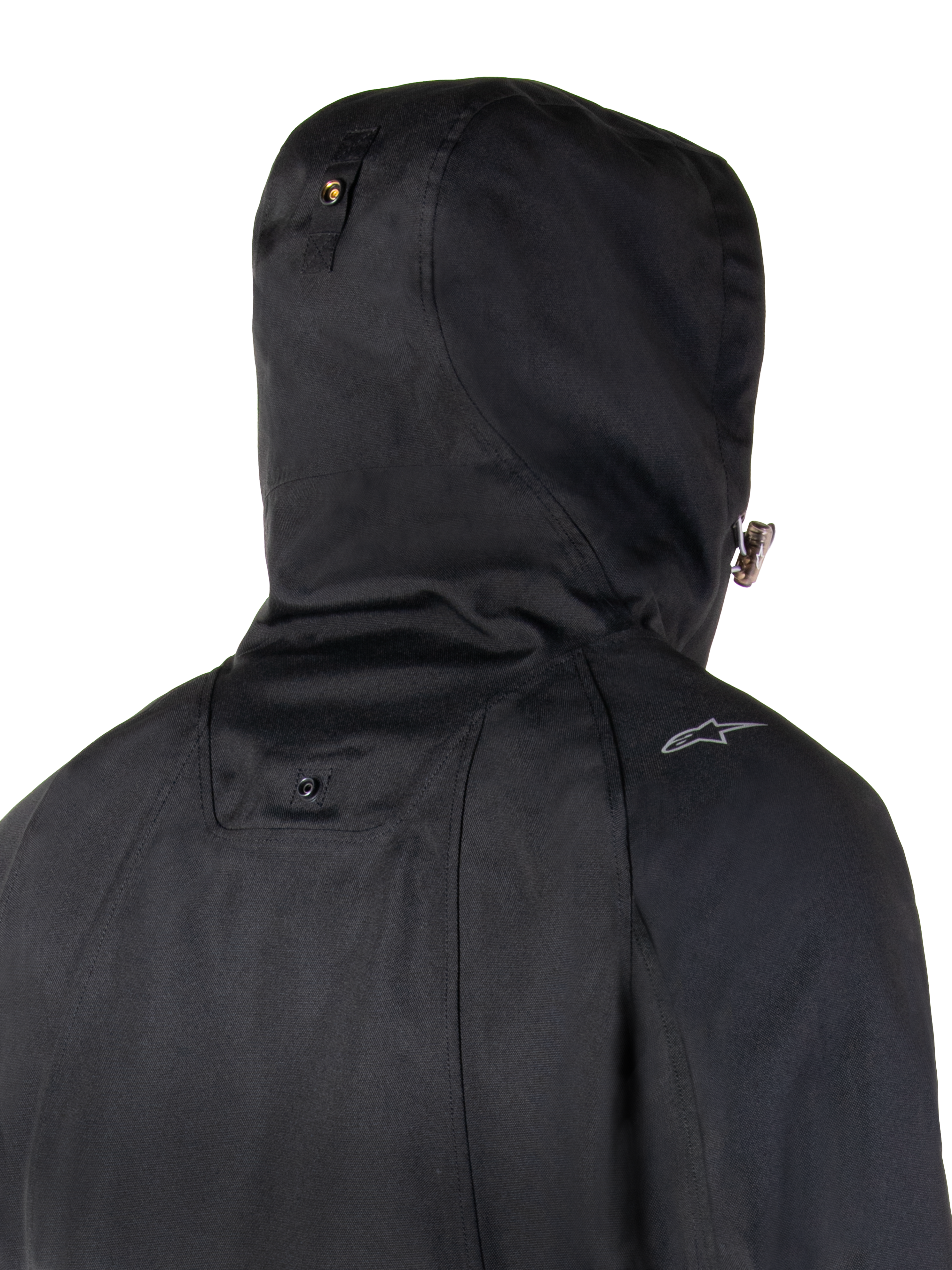 Alpinestars Morush, parka imperméable de moto urbaine noire, vue arrière de la capuche anti-tempête et du bouton-pression.