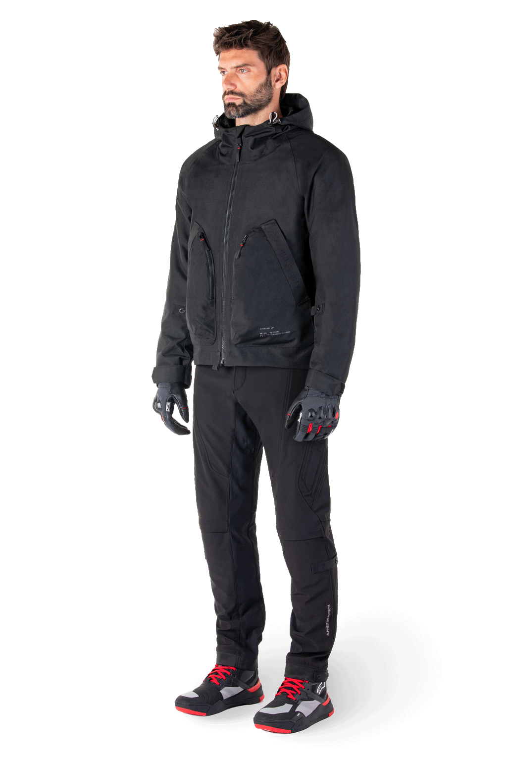 Alpinestars Parka Imperméable Morush, veste de moto urbaine pour homme, noire, textile laminé imperméable avec capuche anti-tempête et protections certifiées CE, style streetwear.