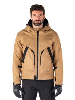 Alpinestars Morush Waterproof Parka, Utility Brown and Black Hooded Motorcycle Jacket, Urban Riding Gear, Front View with Black Zipper and Large Angled Pockets