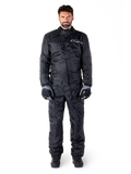 Alpinestars Hurricane Rain V2 Suit, Full-Body Motorcycle Rain Suit in Black, waterproof protective gear with high collar and front storm closure, featuring white logo on chest, worn with black and grey gloves and boots