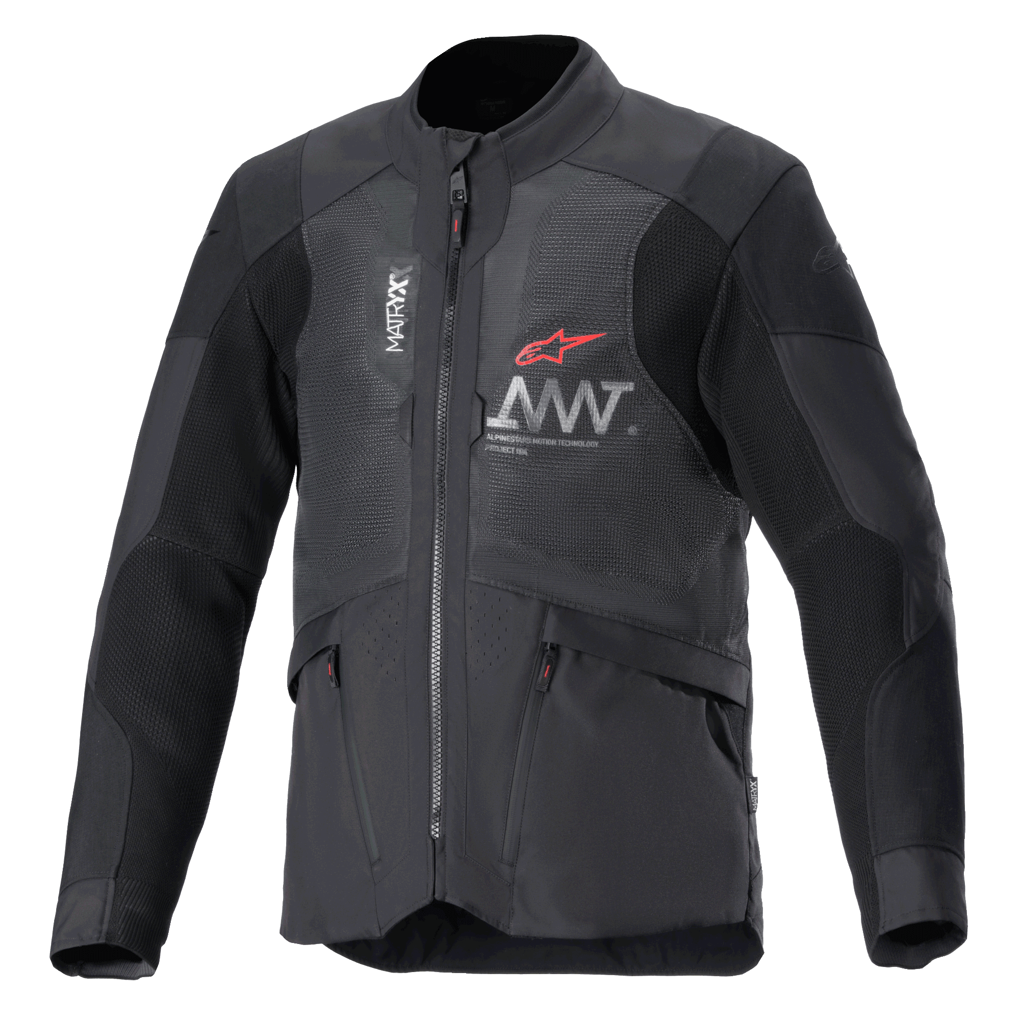 Alpinestars AMT-7 Air Jacket, Motorcycle Jacket, Black and Dark Shadow, MATRYX mesh ventilation panels on the chest, Red star logo with silver AMT branding, front zippered cargo pockets, textile adventure and road touring design