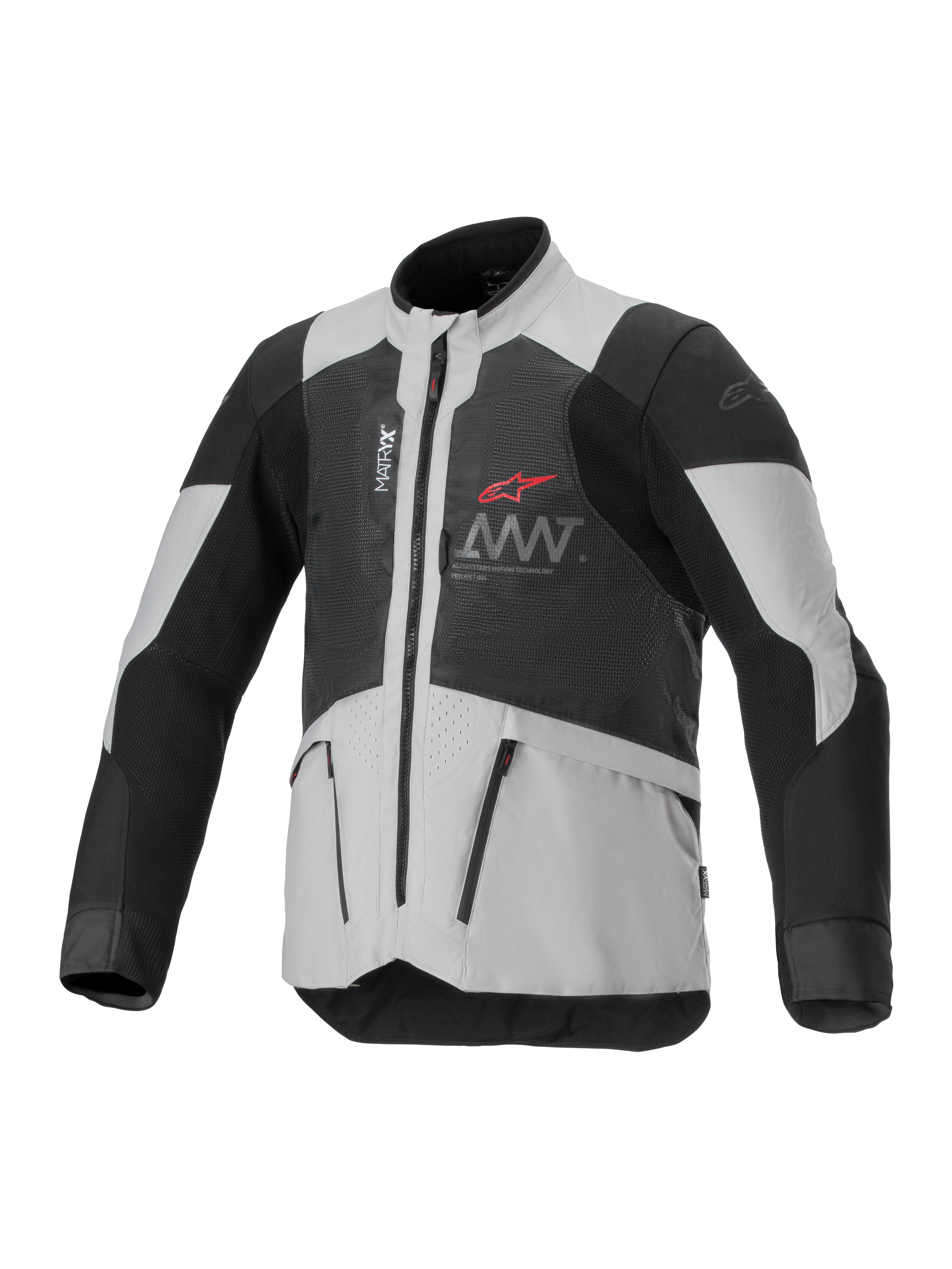 Alpinestars AMT-7 Air Jacket, veste de moto ventilée, noire et blanche, avec panneaux de ventilation MATRYX, poches zippées, col montant, design sportif avec logo Alpinestars rouge