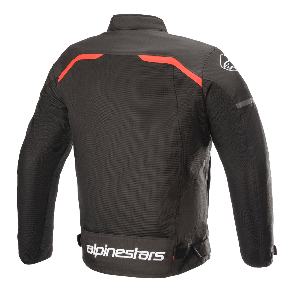 Veste Alpinestars T-SPS Superair, veste de moto en textile, noir avec accents rouge vif, vue arrière présentant de larges panneaux de ventilation en mesh, liserés rouges sur les épaules et logo Alpinestars blanc imposant dans le bas du dos.